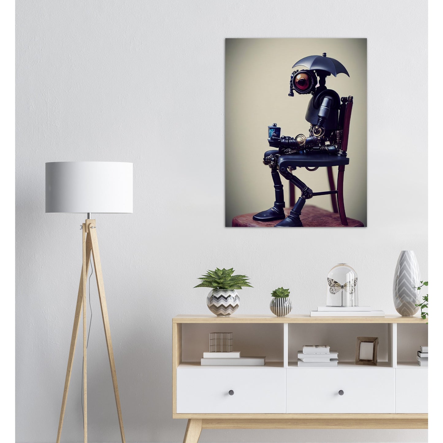 Poster in Museumsqualität - Tiny robot with an umbrella "Louis" - Regenschirm - Acryldruck - Wandkunst - Customizable Coffee Cup - Personalized Gifts - Kunstdruck - Kleine Roboter - Acryldruck - Little Robots - Personalized Gifts - Tiny  - Steampunk - zukunft - Poster with frame - Kunstwerk - Office Poster - Poster mit Rahmen - Kaffee Tasse - Poster - Bedruckte Tassen - Kunst Marke - Art Brand - Kunstdrucke - Künstler: John Grayst & Pixelboys - emotional robots - Geschenkidee -