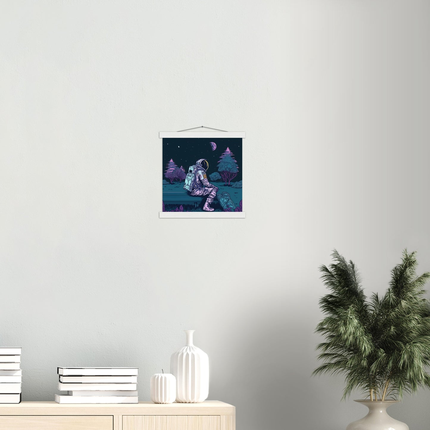 Poster mit Leisten (Holz) - in Museumsqualität - Stargazing Astronaut - John - Illustration - Astronaut - Parkbank - Rocketman - Posterleisten - USA - Fineart - Posterrahmen  - Wandkunst - Holzrahmen - Poster with frame - artwork - art brand - printed cup personalized - Holzleisten - pixelboys - Kunstdrucke - wandbilder - wall art - Kunst auf Tassen  - Office Poster - Gastrotassen - Wanddekoration - Acrylkunst - Geschenkidee - Office Poster - Acryldruck - Abstrakte Kunst -