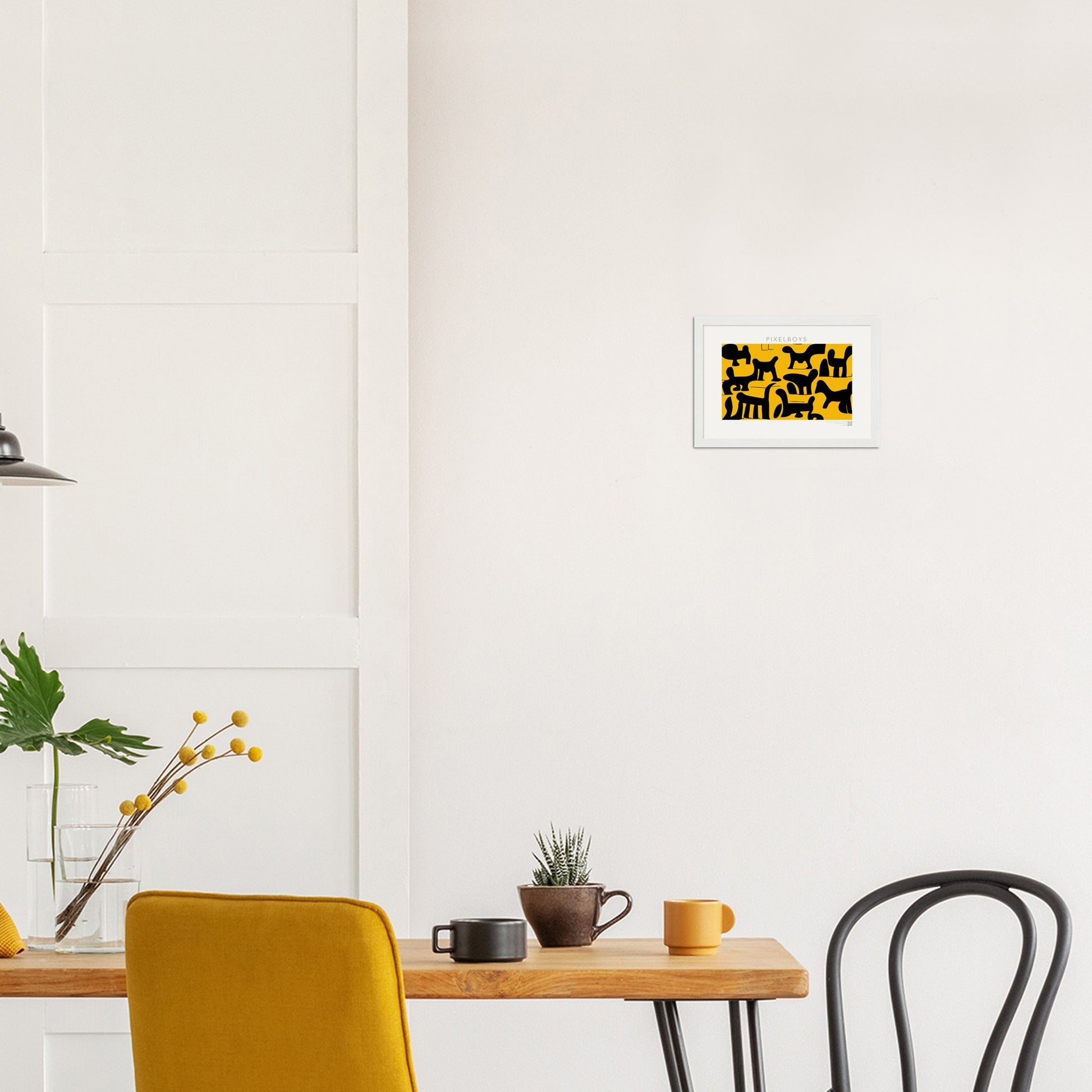 Poster mit Rahmen (Holz) - Doodlemania "weird animals on yellow" - No.3 - bedruckte Tasse-  gelb - Cup - Hunde - Katzen - Doodle Kunst - dogs - Cats - gastro - Poster mit Rahmen - doodle artwork - Acrylbild - Kunstdruck - Wandbild - office Poster - Poster with frame -  Künstler: Pixelboys & The Unknown Artist Nb.517 - keith haring - Gastro Art - anti stress art - Art Brand - Kunstdruck - Gastro Tasse - 