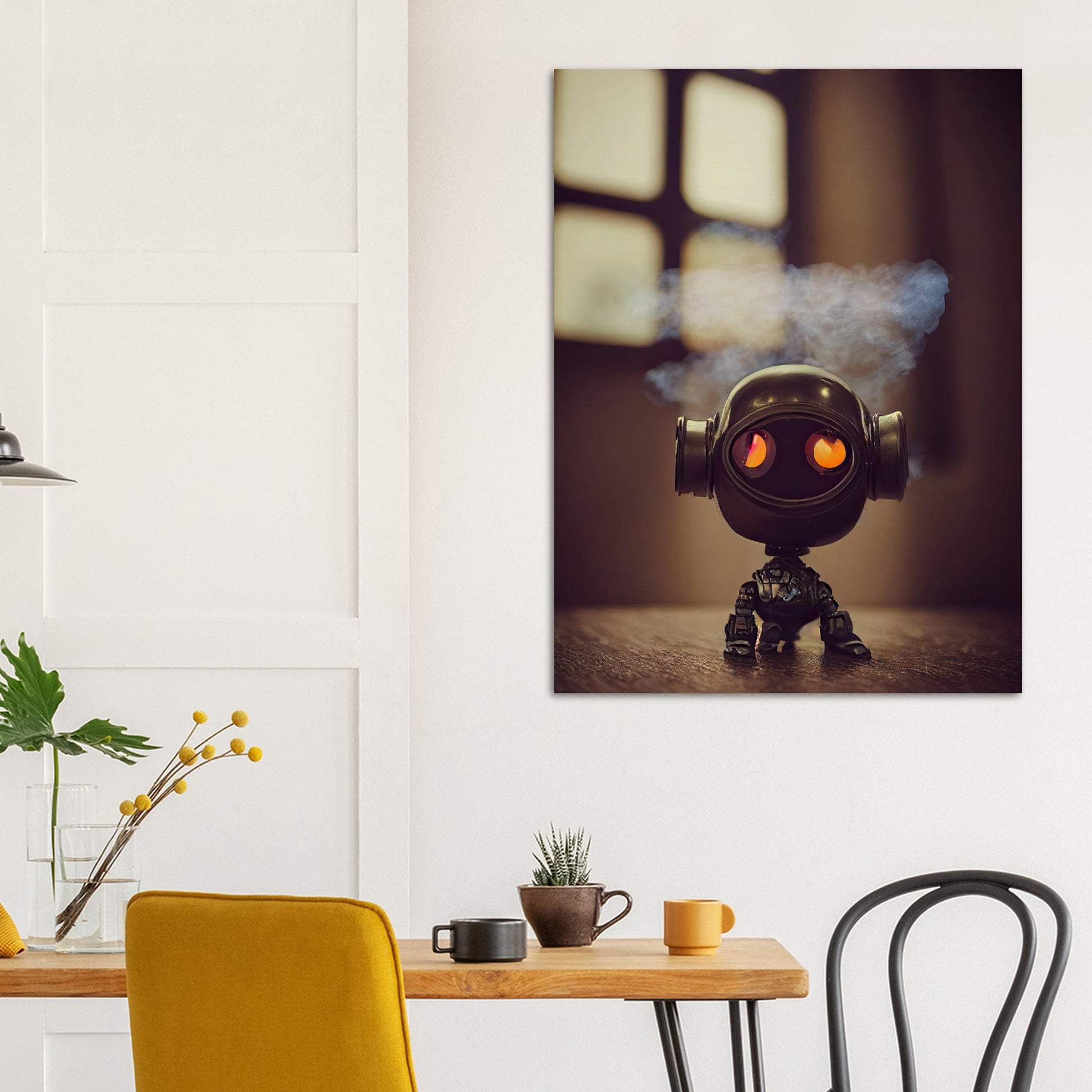 Poster in Museumsqualität - Tiny robot - with smoke around his head - "Tiny Tim" - Wandbild - Customizable Coffee Cup - Museumsqualität - Personalized Gifts - Kunstdruck - Rauchender Roboter - Steampunk - Acryldruck - Smoking Robots - Personalized Gifts - Poster with frame - blech - nr.5 lebt - zukunft - Kunstwerk - Office Poster - Poster mit Rahmen - Kaffee Tasse  - Bedruckte Tassen - Kunst Marke - Art Brand - Wandbild - Kunstdrucke - Künstler: John Grayst & Pixelboys - emotional robots - Geschenkidee -