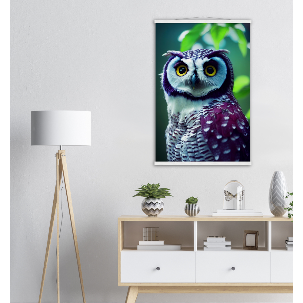 Poster mit Leisten (Holz) - Fruit Owl No.5 - "Sini", the bluberry owl - Wandkunst - Kunstdruck - Heidelbeereule - (lat. bubo vaccinium) - Teebecher - Heidelbeere Eule - Fruchteulen - blueberry owl- Vogel - Uhu - Bird - Strigiformes - Noctua - Ornithologie - Kunstwerk  - Office Poster - Poster mit Rahmen - Kaffee Tasse - Poster mit Leisten - Bedruckte Tassen - Kunst Marke - Art Brand - Acryldruck - Wandbild - Kunstdrucke - Papier: 250g/qm - Künstler: John Grayst & Pixelboys - Eulen - Owl - Geschenkidee - 