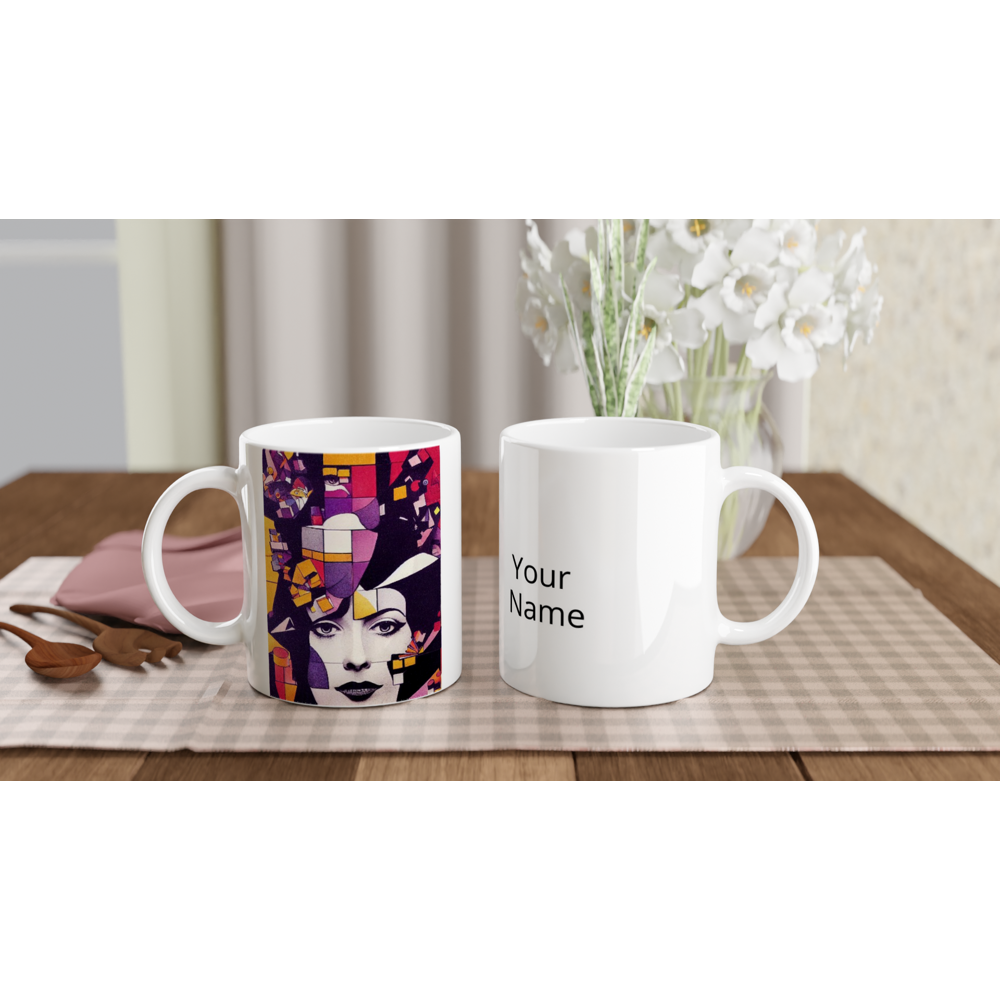 Personalisierte Tasse - The Queen No.3 - HRH in cubes - Kunstdruck - Bedruckte Tasse - Kaffebecher - Teebecher - Queen Elisabeth II - Monarch - HRH - His/Her Royal Highness - Groß Britannien - Commonwealth - The Royal Family - Wandbild - Kubismus - synthetischen Kubismus - Georges Braque - Künstler: "John Grayst" - Atelier - UK - GB - London -  