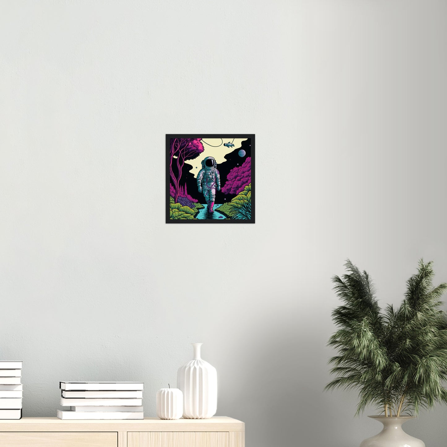 Poster mit Rahmen (Holz) in Museumsqualität - Wandering Astronaut - Stephen - Illustration - Astronaut - Panorama - Rocketman - Posterleisten - USA - Fineart - Posterrahmen  - Wandkunst - Holzrahmen - Poster with frame - artwork - art brand - printed cup personalized - Holzleisten - pixelboys - Kunstdrucke - wandbilder - wall art - Kunst auf Tassen  - Office Poster - Gastrotassen - Wanddekoration - Acrylkunst - Geschenkidee - Office Poster - Acryldruck - Abstrakte Kunst -