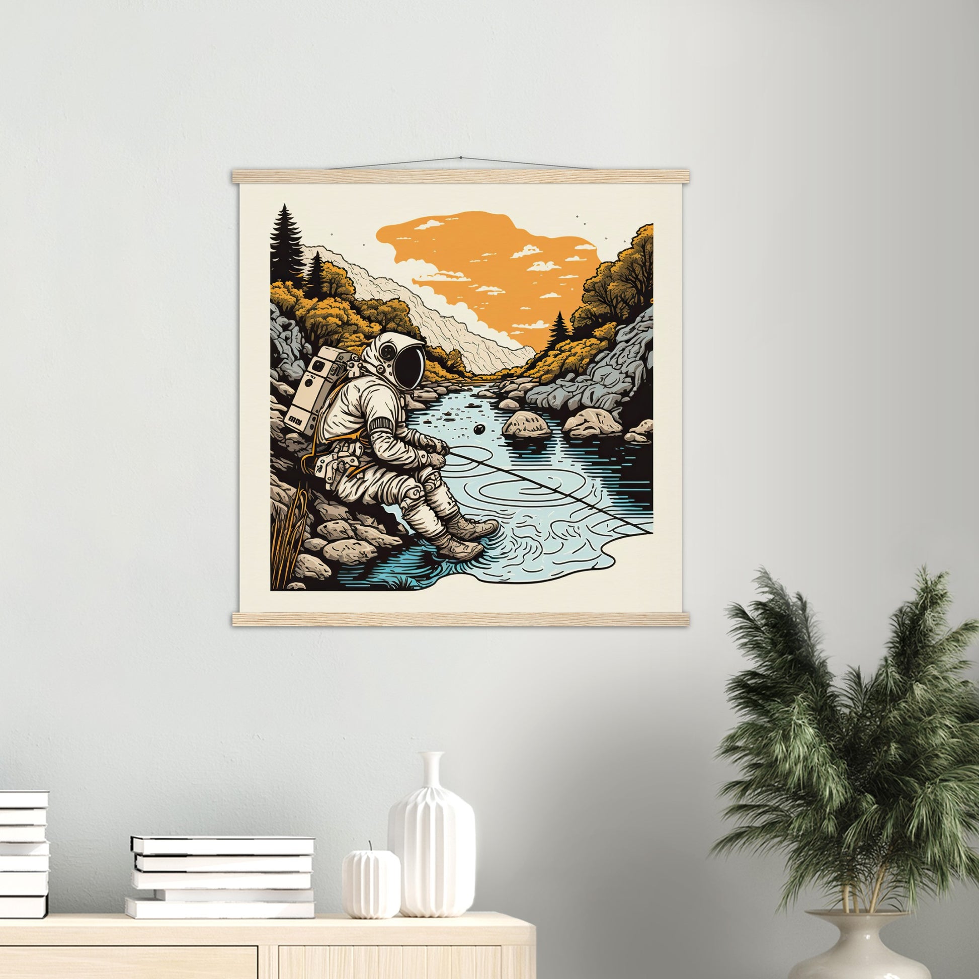 Poster mit Leisten (Holz) - in Museumsqualität - Fishing Astronaut - Buzz - Angeln - Astronaut - Natur - Posterleisten - USA - Fineart - Posterrahmen  - Wandkunst - Holzrahmen - Poster with frame - people of color - artwork - art brand - printed cup personalized - Holzleisten - pixelboys - Kunstdrucke - wandbilder - wall art - Kunst auf Tassen  - Office Poster - Gastrotassen - Wanddekoration - Acrylkunst - Geschenkidee - Office Poster - Acryldruck - Abstrakte Kunst -