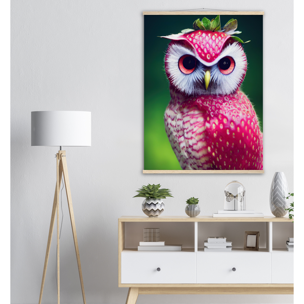 Poster mit Leisten (Holz) - Fruit Owl No. 2 - "Berry", the Strawberry Owl - Serie Fruit Owls - Wandkunst - Kunstdruck - (fiktiv: lat.  Pulsatrix Fragaria) - Erdbeere - Schleiereulen - Fruchteulen - Vogel - Bird - Strigiformes - Noctua - Ornithologie - Kunstwerk  - Office Poster - Poster mit Rahmen - Kaffee Tasse - Poster mit Leisten - Bedruckte Tassen - Kunst Marke - Art Brand - Acrylbild - Wandbild - Kunstdrucke - Papier: 250g/qm - Künstler: John Grayst & Pixelboys - Eulen - Owl - Geschenkidee - 