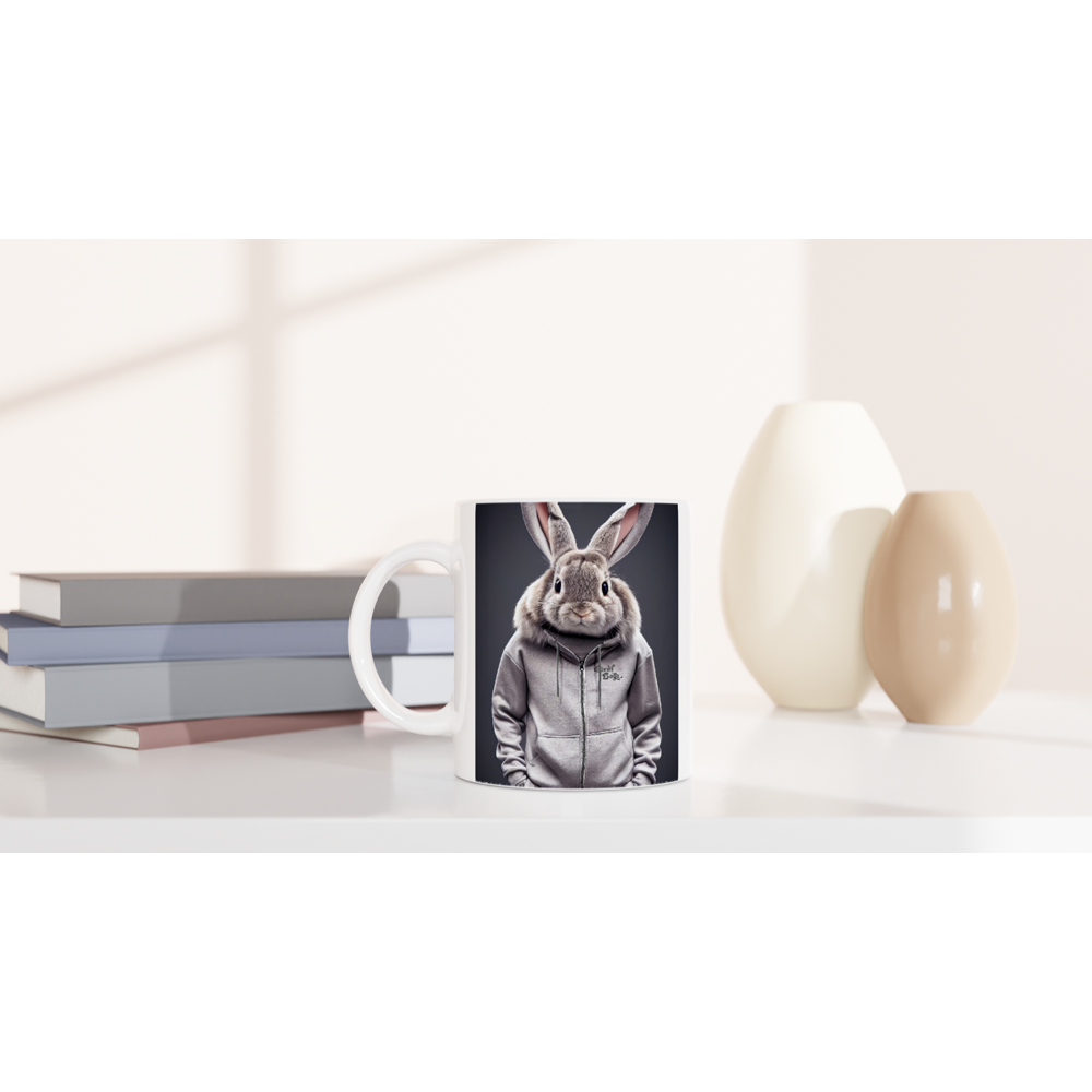 Personalisierte Tasse - Bunny in grey Tracksuit - "Titus" - Fashion Gang - Becher - Ostern - Geschenkidee - Osterhase - Bunny Crew: "Titus" - "Caesar" - "Constantin" - "Cleo" - Weisser Hase - Easter Bunny - Cute - grey tracksuit - sweats - Alice's Adventures in Wonderland - Modemarke - Pixelboys Brand - Constantin der Hase - Hase - Kaninchen  - Künstler: "Pixelboys" - Atelier - Germany - Berlin - Hamburg - Colgne - France - Paris - Italy - Rom - USA - America - New York City - Los Angeles - Chicago - 