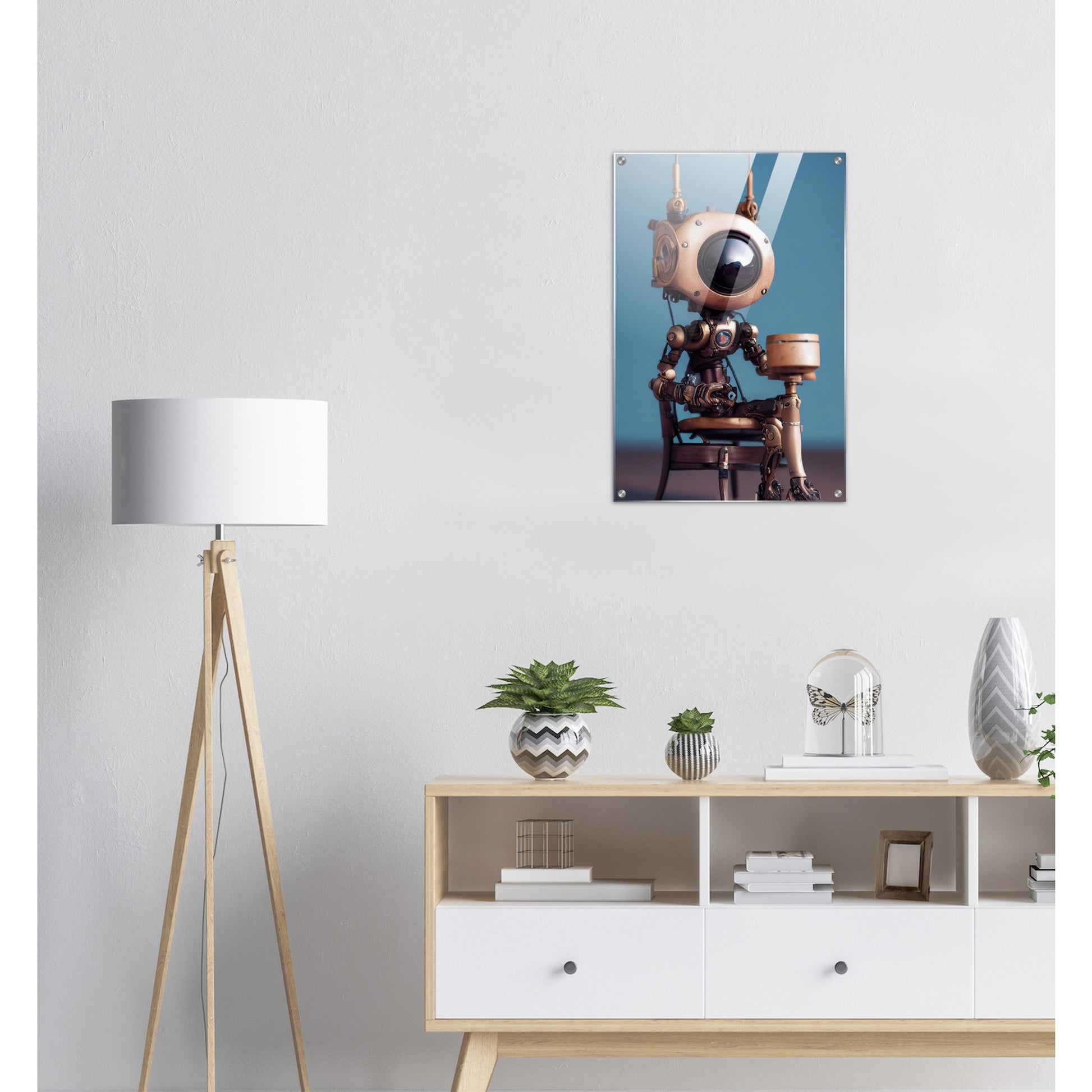 Acrylbild in Museumsqualität - Tiny robot with a present - "Tiny Sam" - Wandbild - Customizable Coffee Cup - Personalized Gifts - Kunstdruck - Roboter mit Geschenk - Steampunk - Acryldruck - Present Robots - Personalized Gifts - Poster with frame - nr.5 lebt - zukunft - Kunstwerk - Office Poster - Poster mit Rahmen - Kaffee Tasse  - Bedruckte Tassen - Kunst Marke - Art Brand - Wandbild - Kunstdrucke - Künstler: John Grayst & Pixelboys - emotional robots - Geschenkidee - Wall Art -