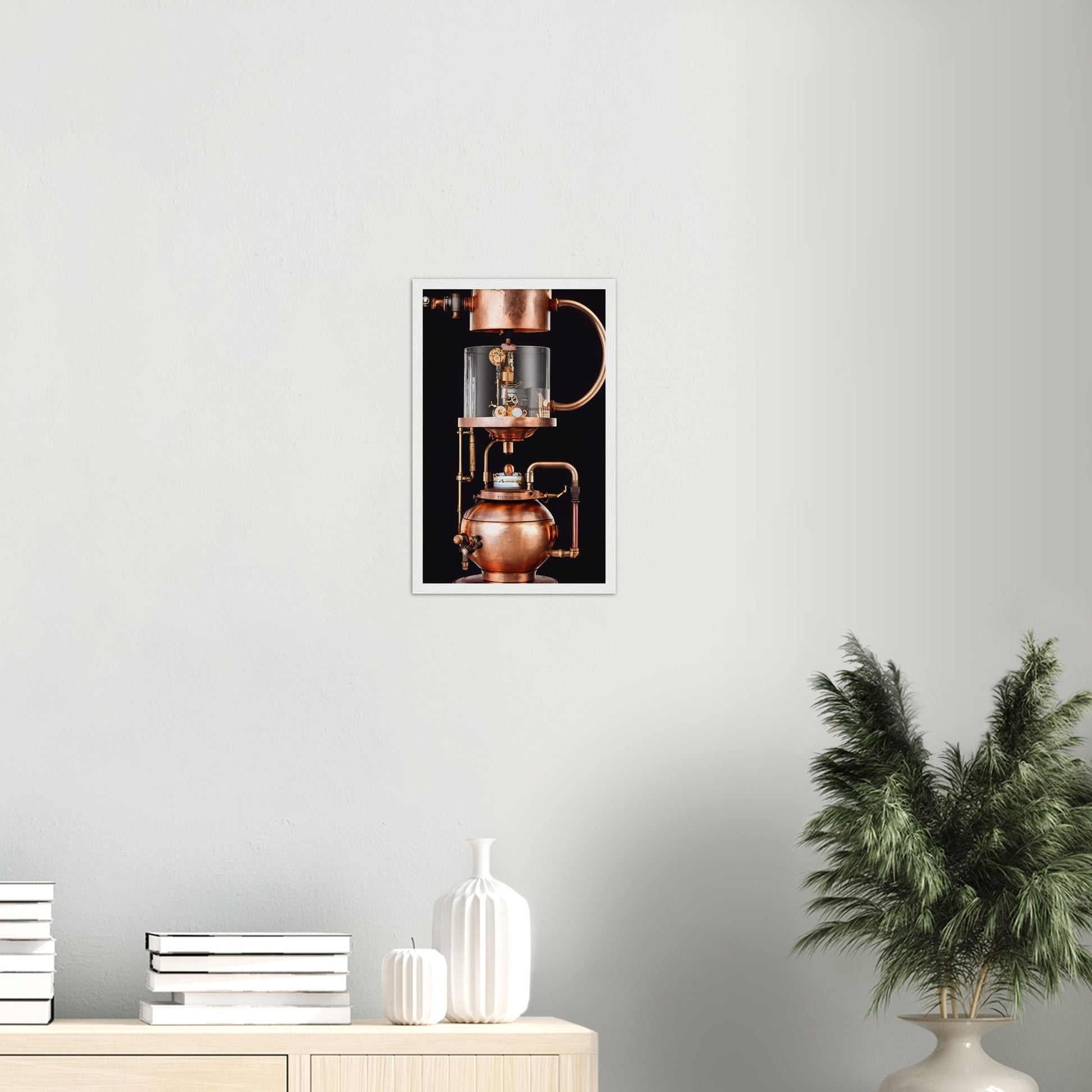 Poster mit Rahmen (Holz) - Steampunk - Coffee Maker - No.6 - Collection Cup - Pixelboys - Wandbild - Kunstwerk - Hotelkunst - Kunst auf Postern - Fine Art - Steampunk - Future - Maschine - Poster with frame - Office Poster - Art Brand - Pixelboys - Coffee House - Restaurant Poster - Wall Art - Kunstdruck - Geschenkidee - Kunst auf Acrylglas - Future Coffee Cup - Personalisierbare Tasse - Gastro Tasse - exklusiv - Acryldruck - Gastronomie Poster - Hotelposter - Teestube - Steam Punk Kitchen -   