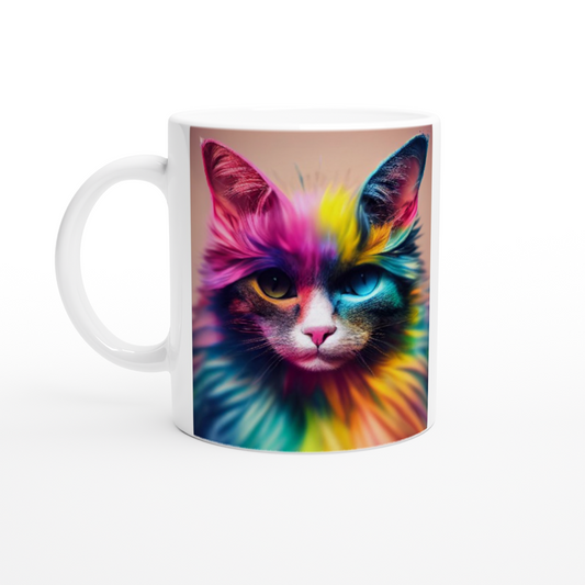 Personalisierte Tasse mit einzigartiger, farbenfroher Regenbogenkatze