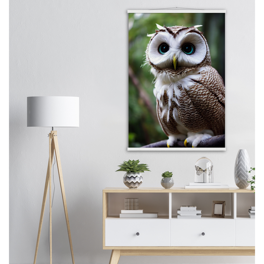 Poster mit Leisten (Holz) - Fruit Owl No.6 - "Cornelius", the coconut owl - Wandkunst - Museumsqualität - Kunstdruck - Kokusnuseule - Kokosnuss-Uhu (lat. bubo vaccinium)  - Acryldruck - Fruchteulen - coconut owl - Vogel - Uhu - Bird - Strigiformes - Noctua - Ornithologie - Kunstwerk  - Office Poster - Poster mit Rahmen - Kaffee Tasse - Poster mit Leisten - Bedruckte Tassen - Kunst Marke - Art Brand - Wandbild - Kunstdrucke - Papier: 250g/qm - Künstler: John Grayst & Pixelboys - Eulen - Owl - Geschenkidee - 