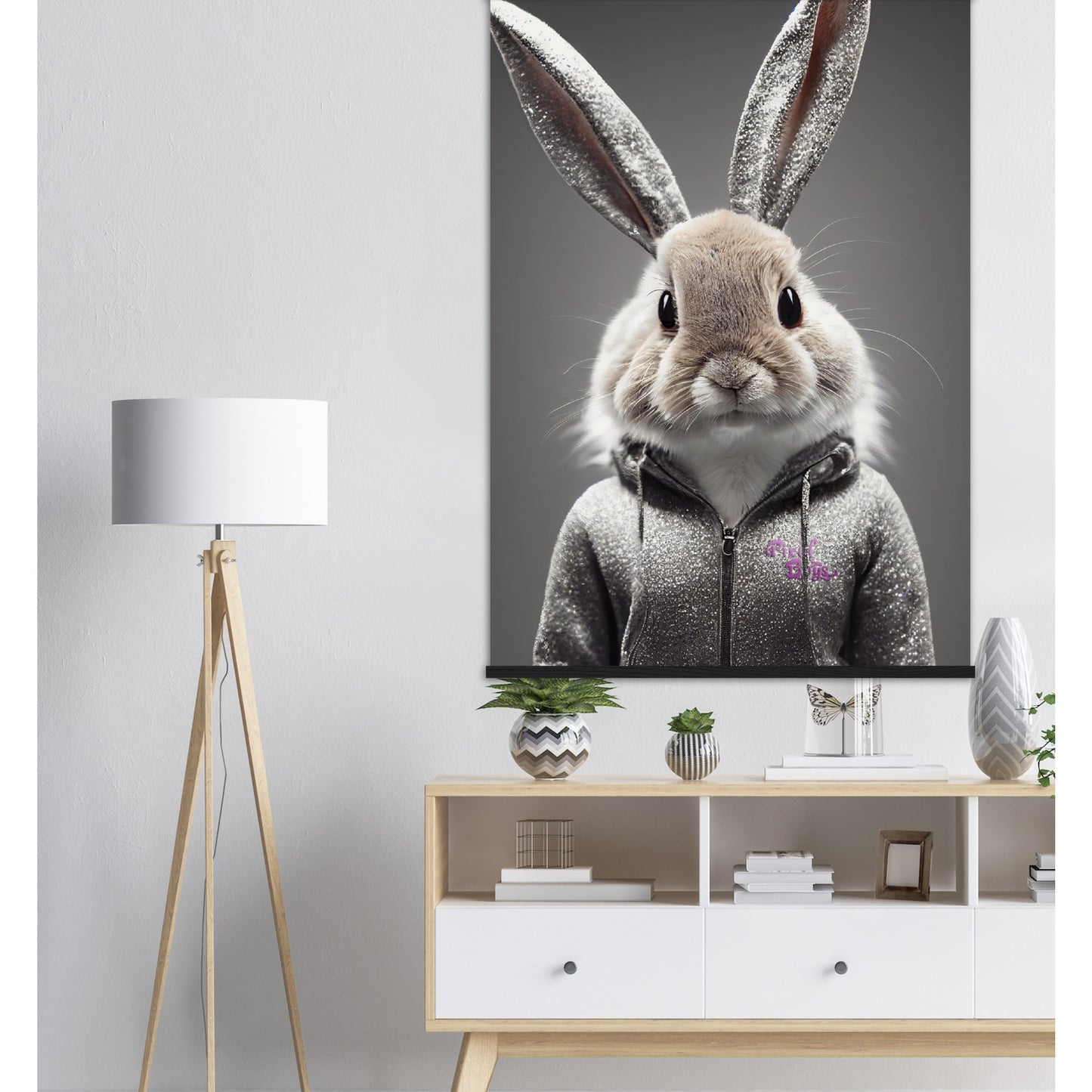 Poster mit Leisten (Holz) - in Museumsqualität - Bunny in grey tracksuit - "Cleo" - Cute - Marke:Pixelboys - Brand - Art Prints - Marke - Wandkunst - Papierstärke: 250g/qm - Wall Art - Bunny crey - Skater Betty - Hasen Gang - Original - Künstler:Pixelboys - Poster with frame - Office Poster - Trend - Wandschmuck - Atelier USA - 