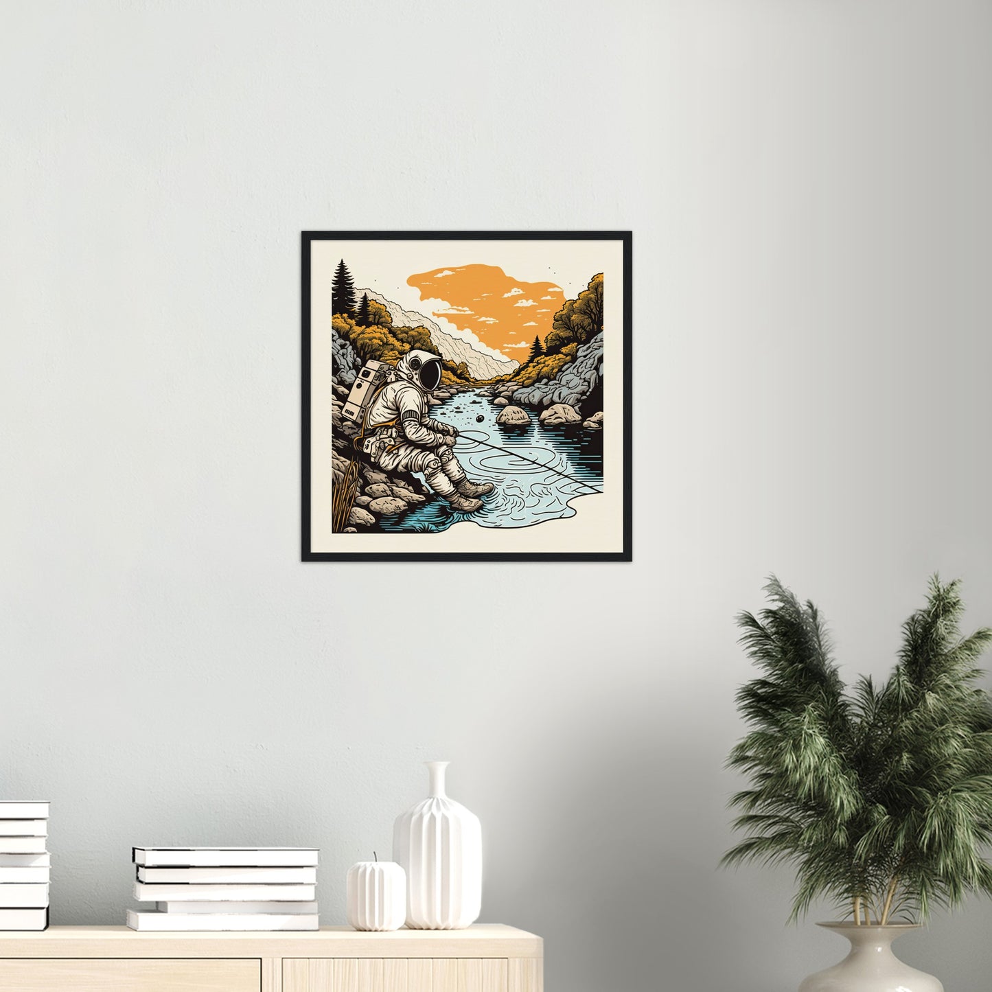 Poster mit Rahmen (Holz) - in Museumsqualität - Fishing Astronaut - Buzz - Angeln - Astronaut - Natur - Posterleisten - USA - Fineart - Posterrahmen  - Wandkunst - Holzrahmen - Poster with frame - people of color - artwork - art brand - printed cup personalized - Holzleisten - pixelboys - Kunstdrucke - wandbilder - wall art - Kunst auf Tassen  - Office Poster - Gastrotassen - Wanddekoration - Acrylkunst - Geschenkidee - Office Poster - Acryldruck - Abstrakte Kunst -