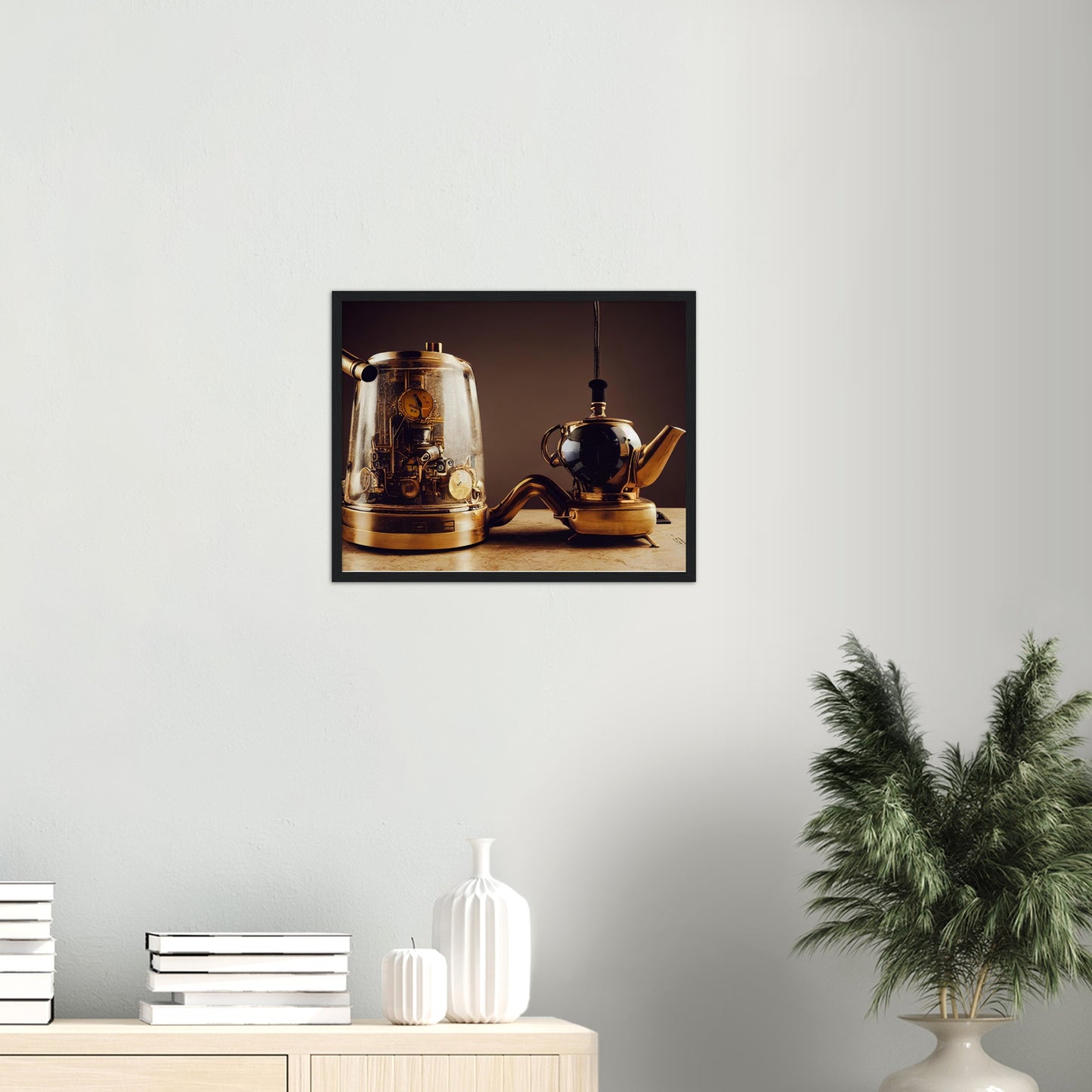 Poster mit Rahmen (Holz) - in Museumsqualität - Steampunk - Coffee Maker - No.2 - Pixelboys - Wandbild - Kunstwerk - Hotelkunst - Kunst auf Postern - Fine Art - Steampunk - Future - Maschine - Poster with frame - Office Poster - Art Brand - Pixelboys - Coffee House - Restaurant Poster - Schöner Wohnen - Dekoration - Wall Art - Kunstdruck - Geschenkidee - Kunst auf Acrylglas - Future Coffee Cup - Personalisierbare Tasse - Gastro Poster -  Gewerbliche Poster - exklusiv - Gastronomie Poster - Hotelposter -