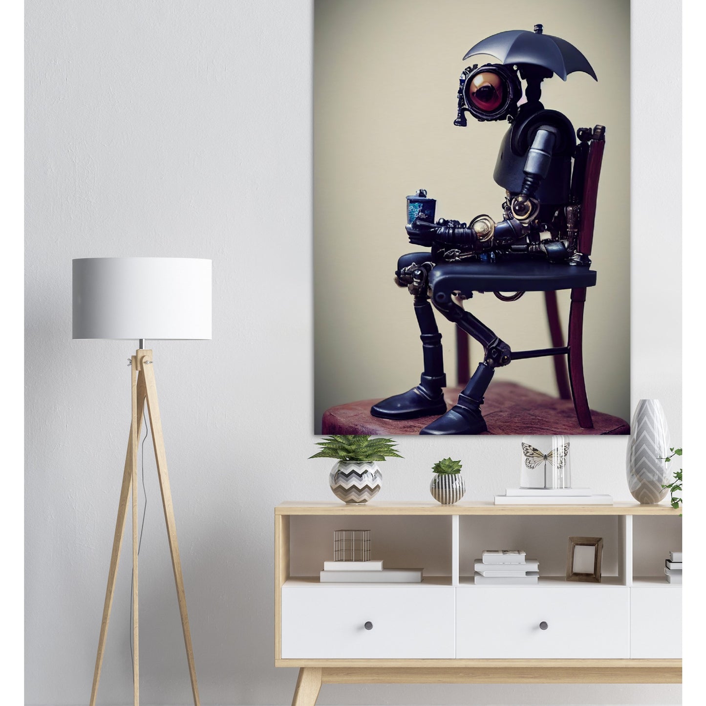 Poster in Museumsqualität - Tiny robot with an umbrella "Louis" - Regenschirm - Acryldruck - Wandkunst - Customizable Coffee Cup - Personalized Gifts - Kunstdruck - Kleine Roboter - Acryldruck - Little Robots - Personalized Gifts - Tiny  - Steampunk - zukunft - Poster with frame - Kunstwerk - Office Poster - Poster mit Rahmen - Kaffee Tasse - Poster - Bedruckte Tassen - Kunst Marke - Art Brand - Kunstdrucke - Künstler: John Grayst & Pixelboys - emotional robots - Geschenkidee -