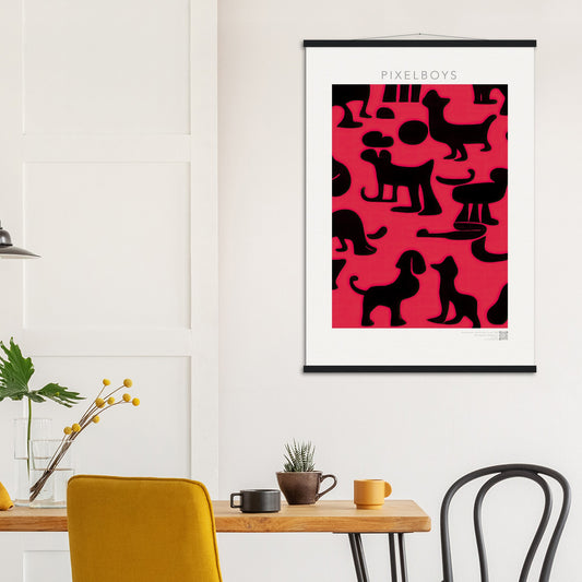 Poster mit Leisten (Holz) - in Museumsqualität - Doodlemania "weird animals on red"- No.2 - Hunde - Katzen - Doodle Kunst - dogs - Cats - gastro - Poster mit Rahmen - doodle artwork - Acrylbild - Kunstdruck - Wandbild - office Poster - Poster with frame -  Künstler: Pixelboys & The Unknown Artist Nb.517 - keith haring - anti stress art - Art Brand - Gastro Art -Gastro Kunst -