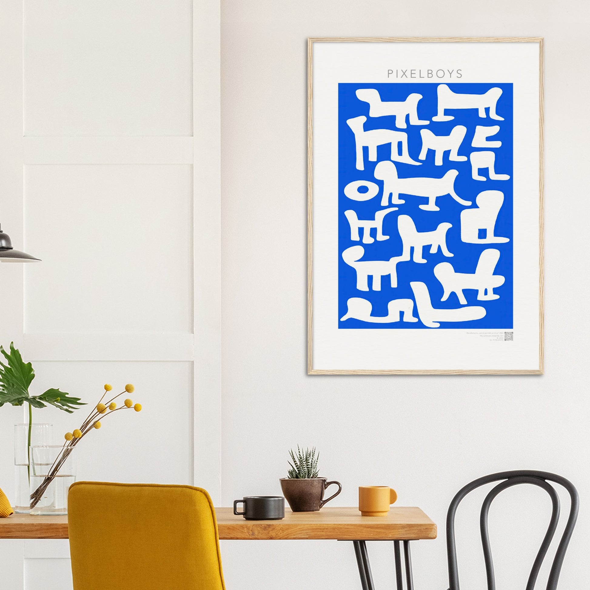 Poster mit Rahmen (Holz) - in Museumsqualität - Doodlemania "weird animals on blue" - No.1 - Holzrahmen - Hunde - Katzen - Doodle Kunst - Poster mit Rahmen - doodle artwork - Acrylbild - Kunstdruck - Wandbild - office Poster - Poster with frame -  Künstler: Pixelboys & The Unknown Artist Nb.517 - keith haring - anti stress art - Art Brand - 