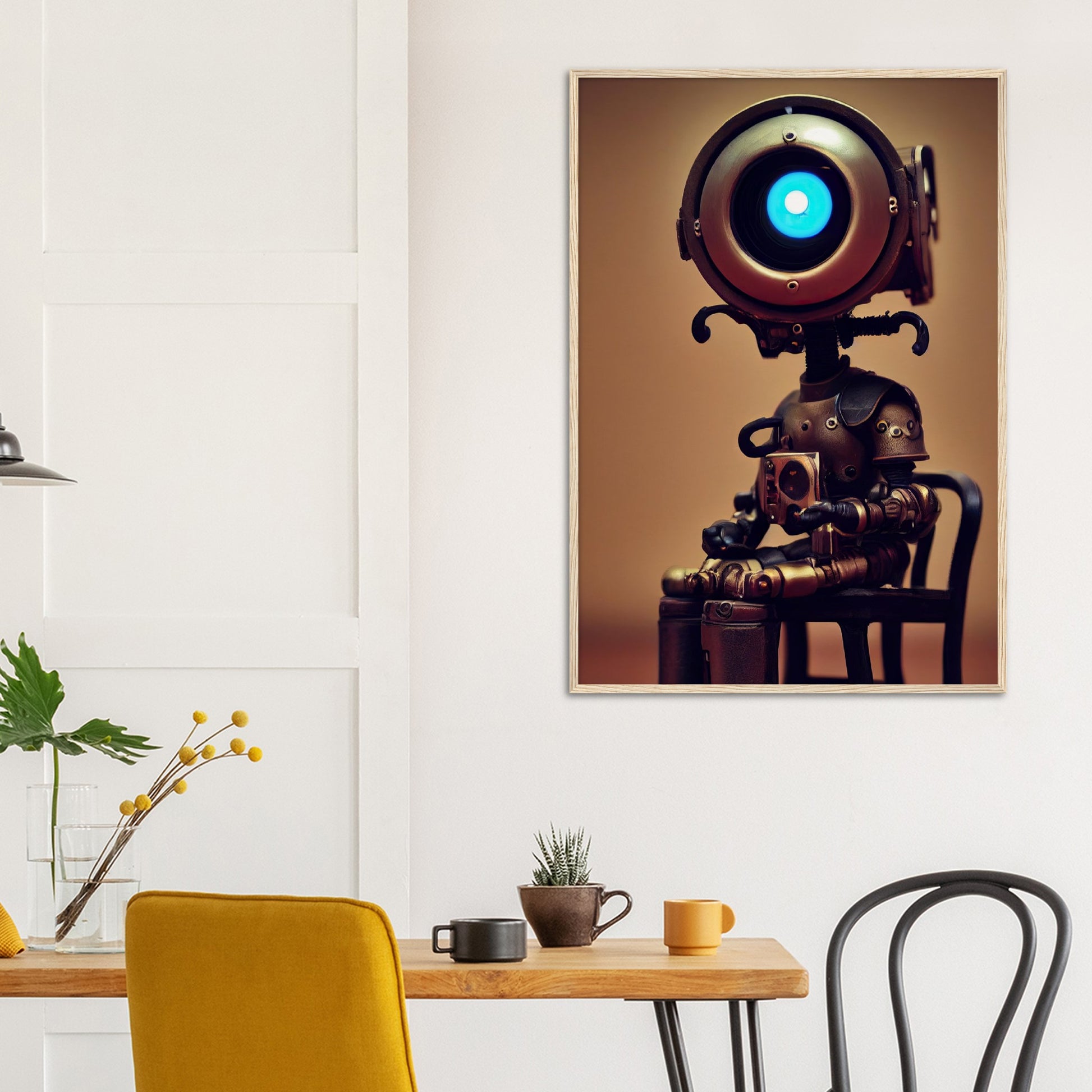 Poster mit Rahmen (Holz) - Museumsqualität -  Tiny robot with coffee - "Bobby" - Wandkunst - Papierdicke: 250g/qm - Customizable Coffee Cup - Personalized Gifts - Kunstdruck - Kleine Roboter - Acryldruck - Little Robots - Personalized Gifts - Tiny  - Steampunk - zukunft - Poster with frame - Kunstwerk - Office Poster - Poster mit Rahmen - Kaffee Tasse - Poster - Bedruckte Tassen - Kunst Marke - Art Brand - Wandbild - Kunstdrucke - Künstler: John Grayst & Pixelboys - emotional robots - Geschenkidee -