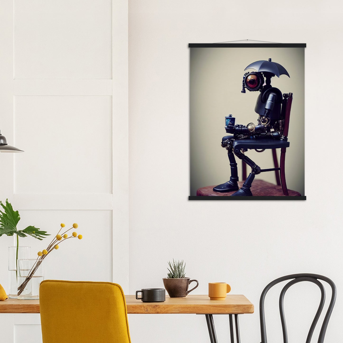  Poster mit Leisten (Holz) in Museumsqualität - Tiny robot with an umbrella "Louis" - Regenschirm - Acryldruck - Wandkunst - Customizable Coffee Cup - Personalized Gifts - Kunstdruck - Kleine Roboter - Acryldruck - Little Robots - Personalized Gifts - Tiny  - Steampunk - zukunft - Poster with frame - Kunstwerk - Office Poster - Poster mit Rahmen - Kaffee Tasse - Poster - Bedruckte Tassen - Kunst Marke - Art Brand - Kunstdrucke - Künstler: John Grayst & Pixelboys - emotional robots - Geschenkidee -