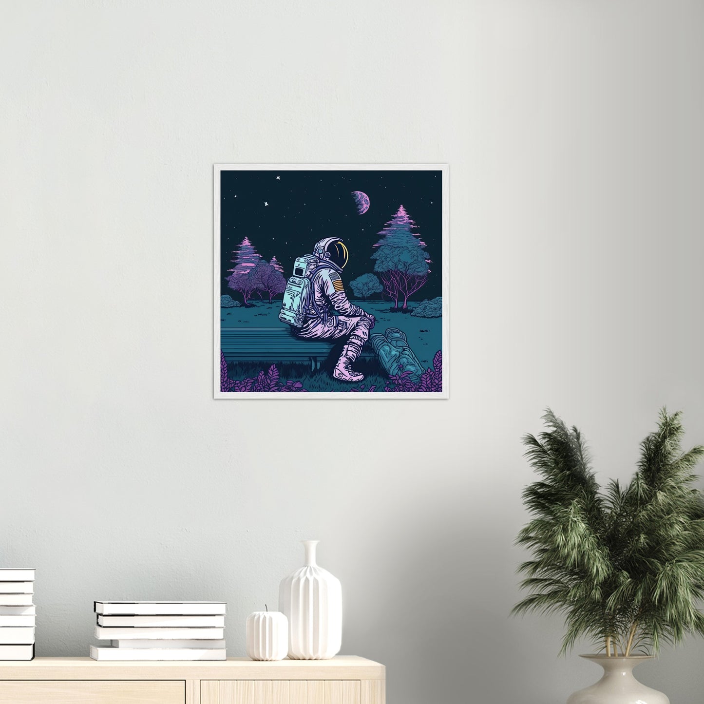 Poster mit Rahmen (Holz) - in Museumsqualität - Stargazing Astronaut - John - Illustration - Astronaut - Parkbank - Rocketman - Posterleisten - USA - Fineart - Posterrahmen  - Wandkunst - Holzrahmen - Poster with frame - artwork - art brand - printed cup personalized - Holzleisten - pixelboys - Kunstdrucke - wandbilder - wall art - Kunst auf Tassen  - Office Poster - Gastrotassen - Wanddekoration - Acrylkunst - Geschenkidee - Office Poster - Acryldruck - Abstrakte Kunst -