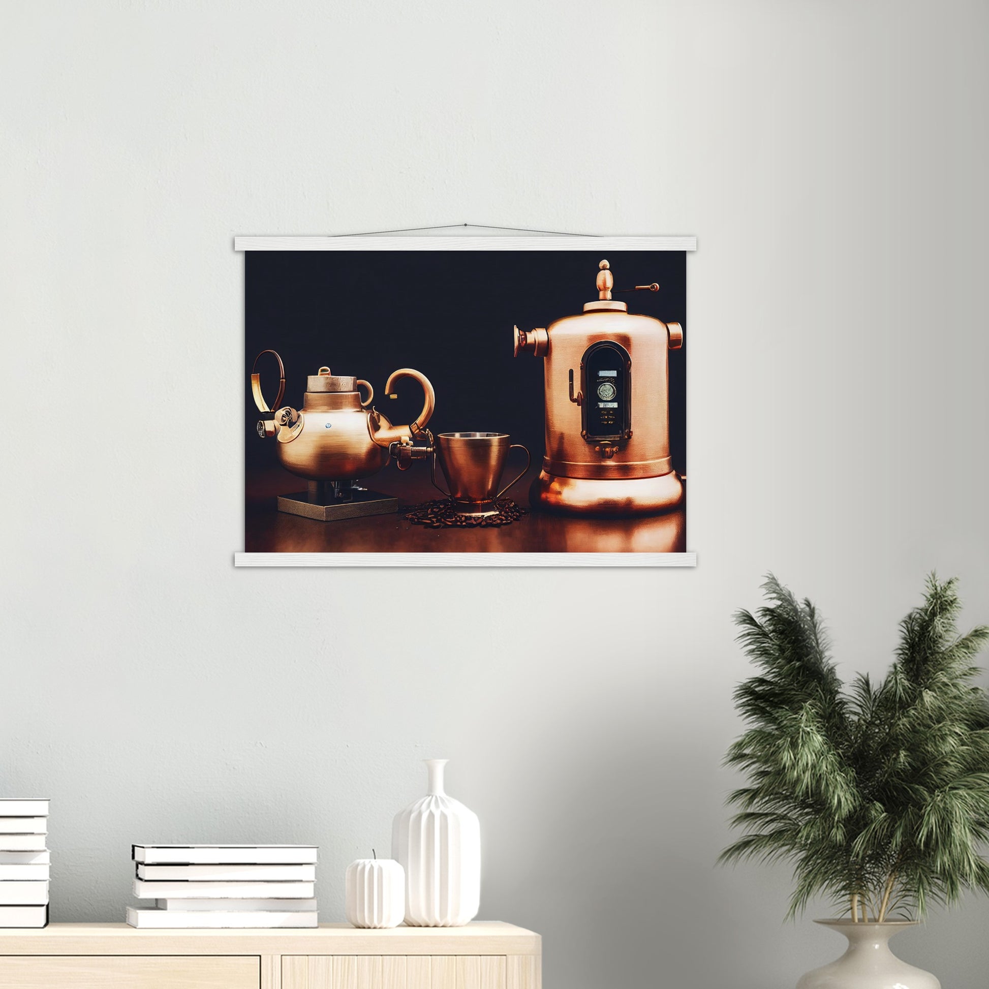 Poster mit Leisten (Holz) - in Museumsqualität - Steampunk - Coffee Maker - No.4 - Collection Cup - Pixelboys - Wandbild - Kunstwerk - Hotelkunst - Kunst auf Postern - Fine Art - Steampunk - Future - Maschine - Poster with frame - Office Poster - Art Brand - Pixelboys - Coffee House - Restaurant Poster - Wall Art - Kunstdruck - Geschenkidee - Kunst auf Acrylglas - Future Coffee Cup - Personalisierbare Tasse - Gastro Tasse - exklusiv - Acryldruck - Gastronomie Poster - Hotelposter - Steam Punk Kitchen -   