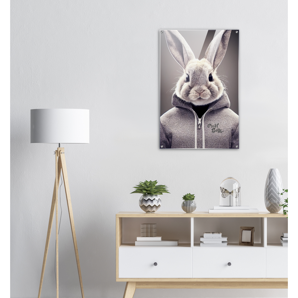 Acrylbild - Bunny in grey Hoodie - "Constantin" - Fashion Gang - Acryldruck - Ostern - Geschenkidee - Osterhase - Bunny Crew: "Constantin" - "Caesar" - "Titus" - "Cleo" - Weisser Hase - Easter Bunny - Cute - grey Hoodie - sweats - Alice's Adventures in Wonderland - Modemarke - Pixelboys Brand - Constantin der Hase - Hase - Kaninchen  - Künstler: "Pixelboys" - Atelier - Germany - Berlin - Hamburg - Colgne - France - Paris - Italy - Rom - USA - America - New York City - Los Angeles - Chicago - 