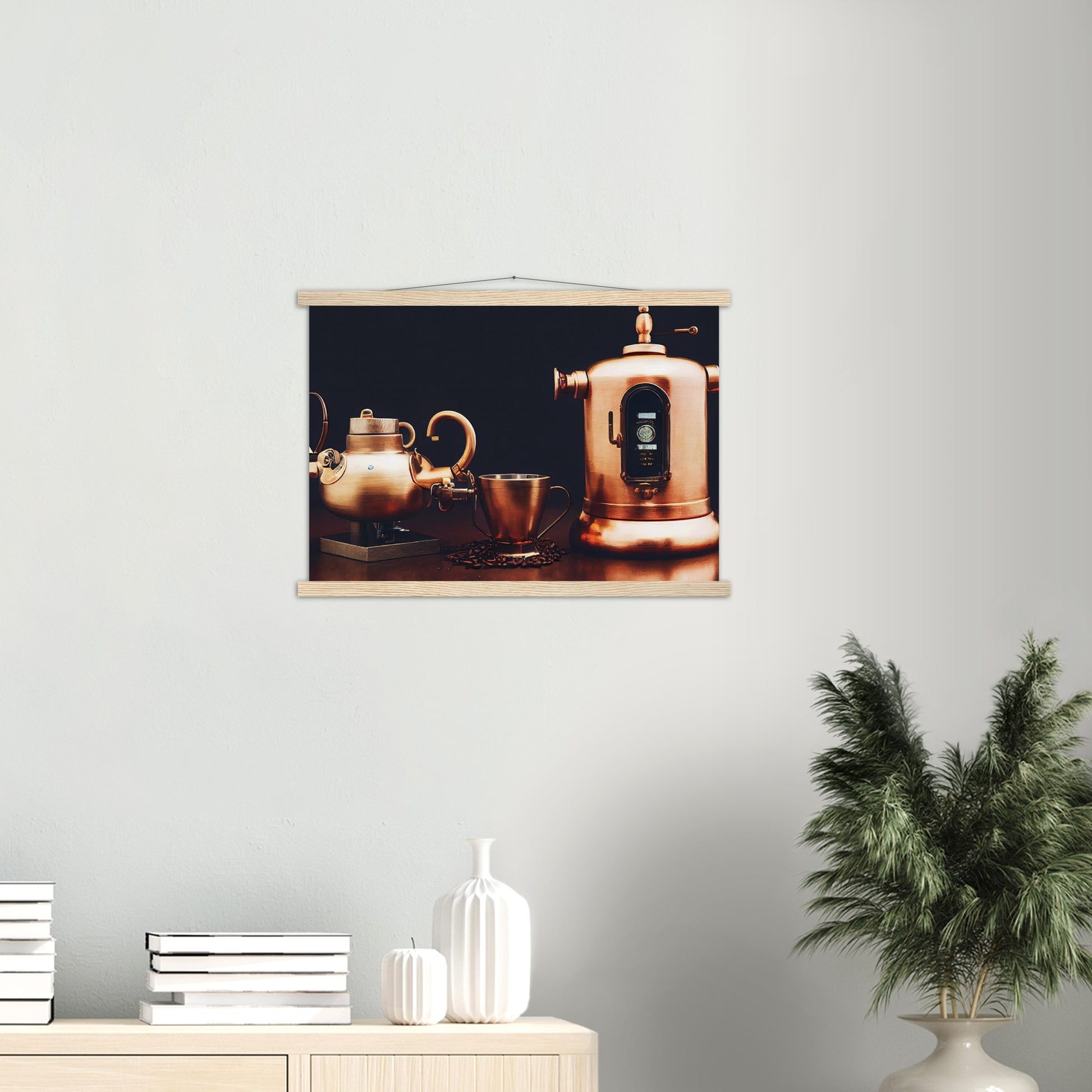 Poster mit Leisten (Holz) - in Museumsqualität - Steampunk - Coffee Maker - No.4 - Collection Cup - Pixelboys - Wandbild - Kunstwerk - Hotelkunst - Kunst auf Postern - Fine Art - Steampunk - Future - Maschine - Poster with frame - Office Poster - Art Brand - Pixelboys - Coffee House - Restaurant Poster - Wall Art - Kunstdruck - Geschenkidee - Kunst auf Acrylglas - Future Coffee Cup - Personalisierbare Tasse - Gastro Tasse - exklusiv - Acryldruck - Gastronomie Poster - Hotelposter - Steam Punk Kitchen -   