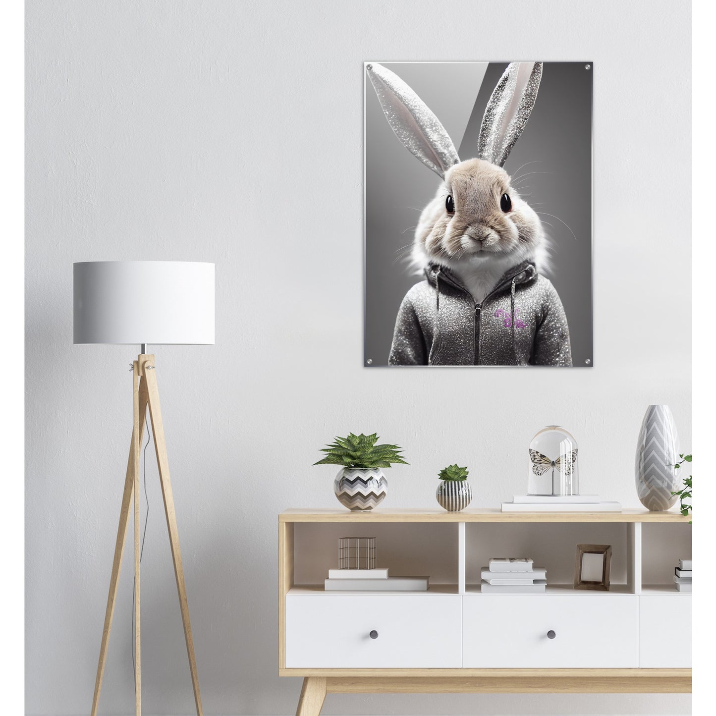 Acrylbild - in Museumsqualität - Bunny in grey tracksuit - "Cleo" - Cute - Marke:Pixelboys - Brand - Art Prints - Marke - Wandkunst - Papierstärke: 250g/qm - Wall Art - Bunny crey - Skater Betty - Hasen Gang - Original - Künstler:Pixelboys - Poster with frame - Office Poster - Trend - Wandschmuck - Atelier USA - 