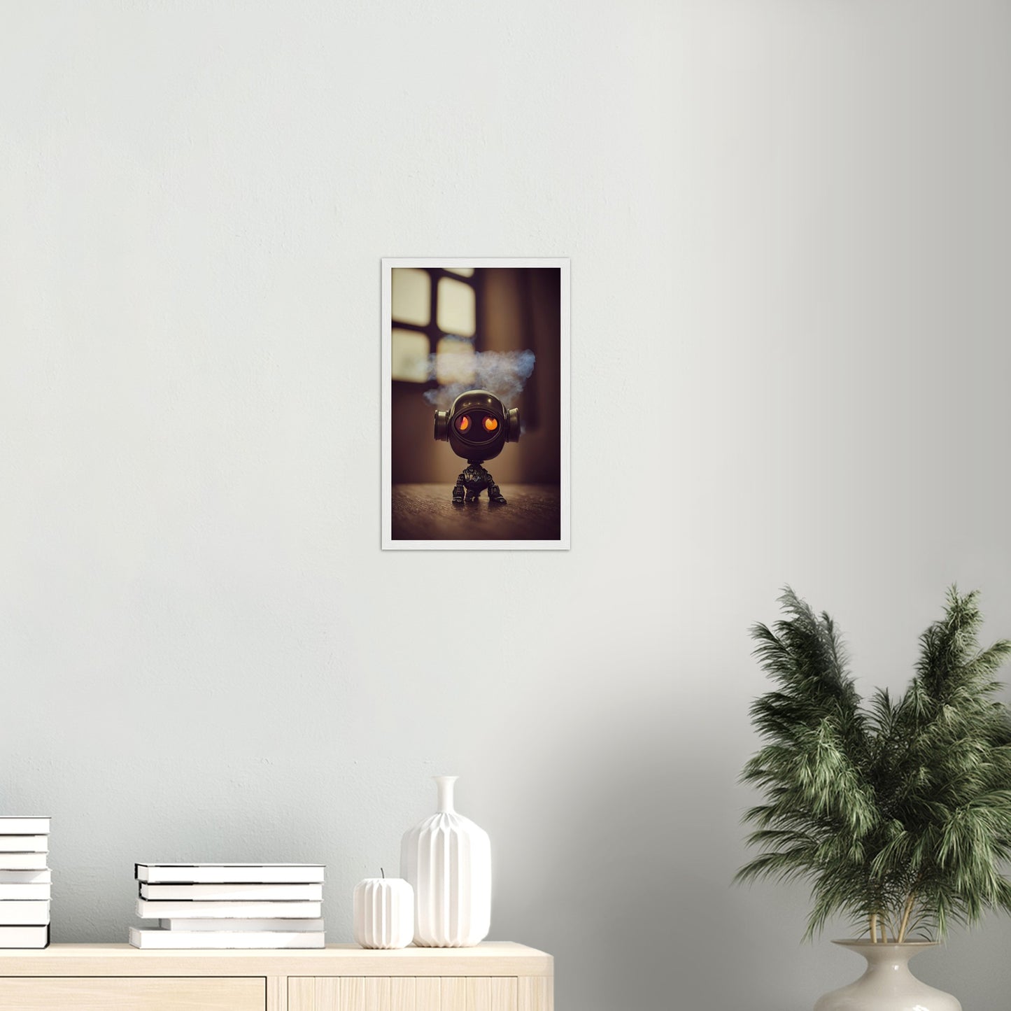 Poster mit Rahmen (Holz) - in Museumsqualität - Tiny robot - with smoke around his head - "Tiny Tim" - Wandbild - Customizable Coffee Cup - Personalized Gifts - Kunstdruck - Rauchender Roboter - Steampunk - Acryldruck - Smoking Robots - Personalized Gifts - Poster with frame - nr.5 lebt - zukunft - Kunstwerk - Office Poster - Poster mit Rahmen - Kaffee Tasse  - Bedruckte Tassen - Kunst Marke - Art Brand - Wandbild - Kunstdrucke - Künstler: John Grayst & Pixelboys - emotional robots - Geschenkidee -