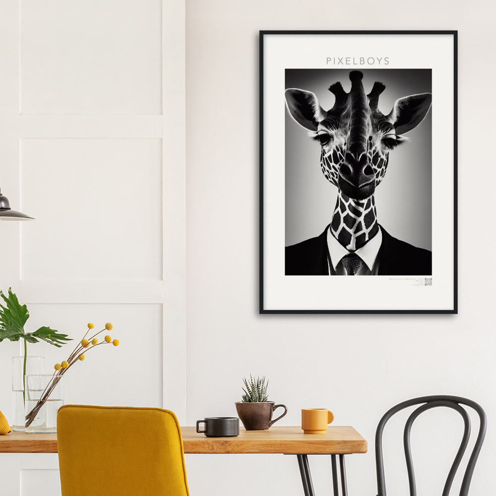 Poster mit Rahmen (Holz) - "The giraffe knows" - Business Animals No. 2 "Bridget" - Künstler: "John Grayst" Kunstdruck - Wandbild - Pixelboys - Atelier - Milano - Berlin - Munich - Madrid - New York - Dubai - Paris - Tokio - Rom - Lisbon - Ottawa - Bern Switzerland - Amsterdam - Seoul - Vancouver - Antwerpen -