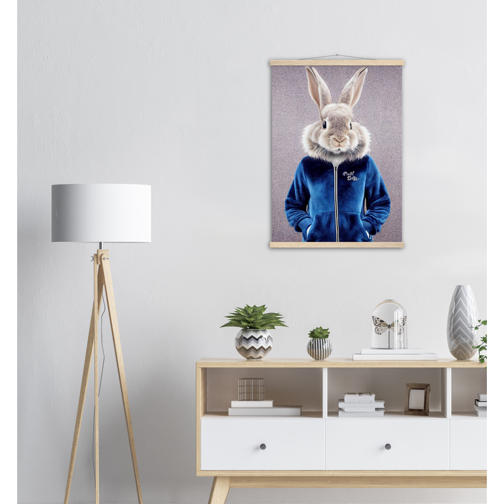 Poster mit Leisten (Holz) - Bunny in blue Tracksuit - "Caesar" - Gang - Wandbild - Ostern - Geschenkidee - Osterhase - Bunny Crew: "Caesar" - "Constantin" - "Titus" - "Cleo" - Weisser Hase - Easter Bunny - Cute - blue Tracksuit - sweats - Gang - Modemarke -Pixelboys Brand - Caesar der Hase - Meister Lampe - Hase - Kaninchen - Karnickel - Stallhase - Künstler: "Pixelboys" - Atelier - Germany - Berlin - Hamburg - Colgne - France - Paris - Italy - Rom - USA - America - New York City - Los Angeles - Chicago - 