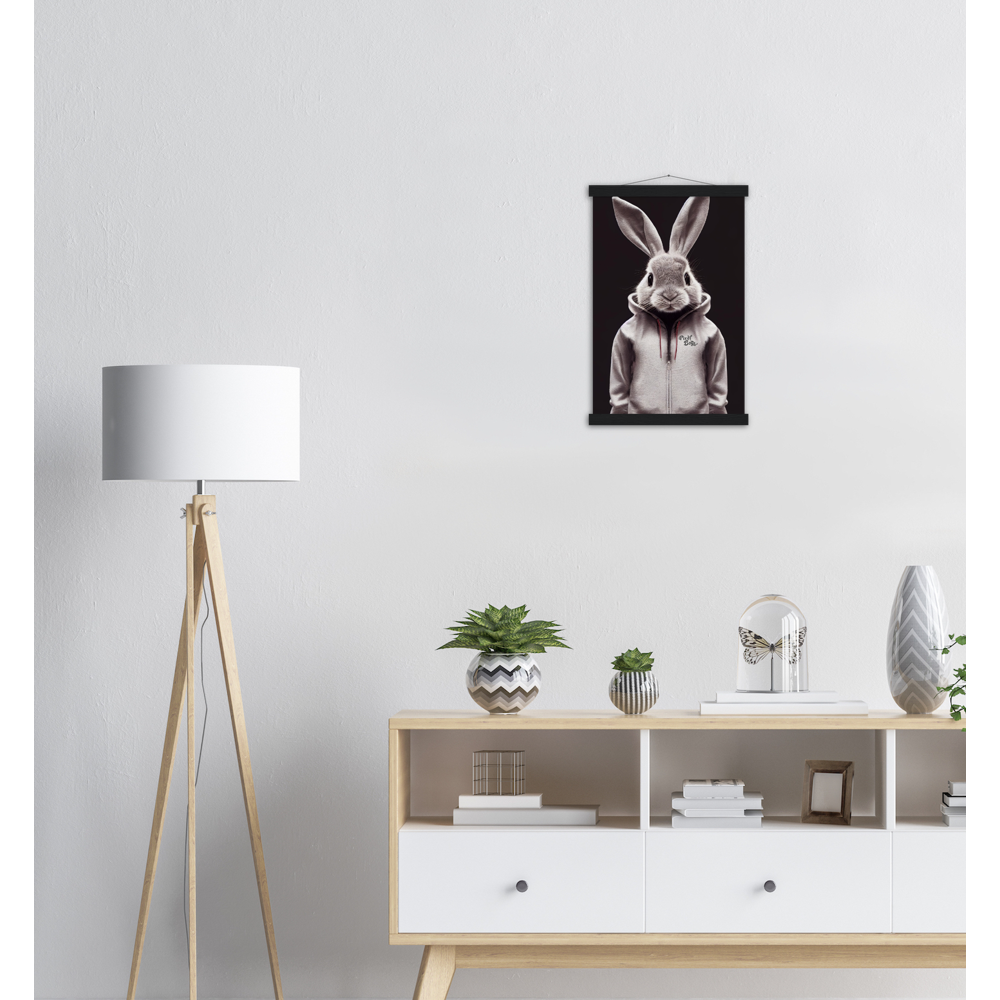 Poster mit Leisten (Holz) - Bunny in grey tracksuit - Fashion Gang - Wandbild - Ostern - Geschenkidee - Osterhase - Bunny Crew: "Valerian" - "Caesar" - "Constantin" - "Cleo"-Titus - Weisser Hase - Easter Bunny - Cute - grey tracksuit - sweats - Alice's Adventures in Wonderland - Modemarke - Pixelboys Brand - Valerian der Hase - Kaninchen  - Künstler: "Pixelboys" - Atelier - Germany - Berlin - Hamburg - Colgne - France - Paris - Italy - Rom - USA - America - New York City - Los Angeles - Chicago - 