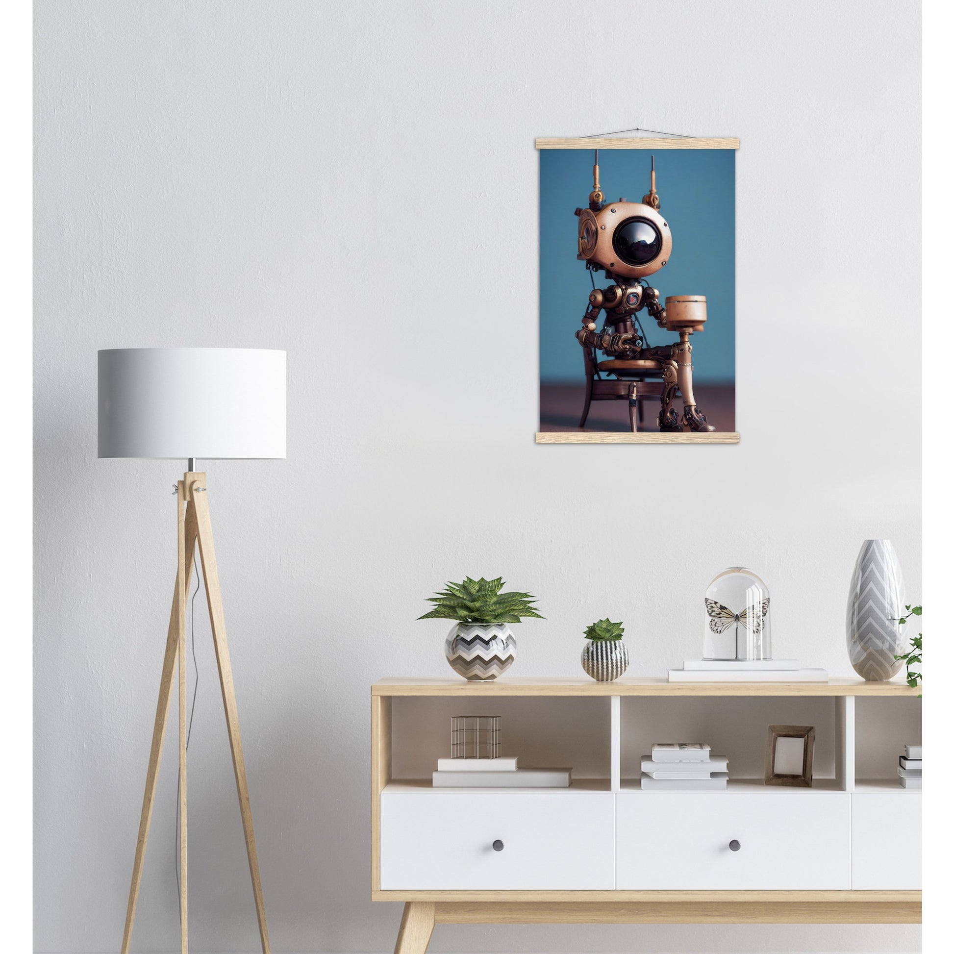 Poster mit Leisten (Holz) in Museumsqualität - Tiny robot with a present - "Tiny Sam" - Wandbild - Customizable Coffee Cup - Personalized Gifts - Kunstdruck - Roboter mit Geschenk - Steampunk - Acryldruck - Present Robots - Personalized Gifts - Poster with frame - nr.5 lebt - zukunft - Kunstwerk - Office Poster - Poster mit Rahmen - Kaffee Tasse  - Bedruckte Tassen - Kunst Marke - Art Brand - Wandbild - Kunstdrucke - Künstler: John Grayst & Pixelboys - emotional robots - Geschenkidee - Wall Art -