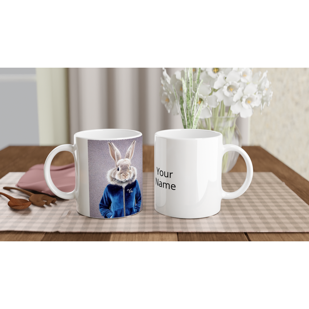 Personalisierte Tasse - Bunny in blue Tracksuit - "Caesar" - Fashion - Gang - Bedruckte Tasse - Ostern - Geschenkidee - Osterhase - Bunny Crew: "Caesar" - "Constantin" - "Titus" - "Cleo" - Weisser Hase - Easter Bunny - Cute - blue Tracksuit - sweats - Gang - Modemarke -Pixelboys Brand - Caesar der Hase - Meister Lampe - Hase - Kaninchen - Karnickel - Künstler: "Pixelboys" - Atelier - Germany - Berlin - Hamburg - Colgne - France - Paris - Italy - Rom - USA - America - New York City - Los Angeles - Chicago - 