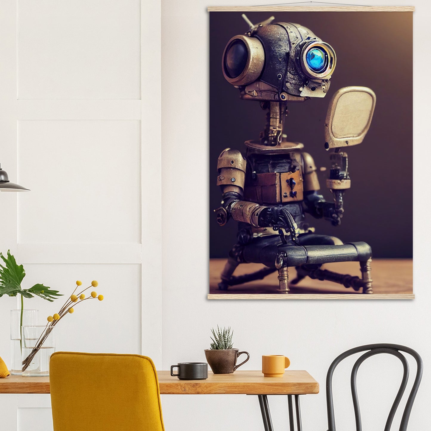 Poster mit Leisten (Holz) in Museumsqualität - Tiny robot with a mirror - Hitoshi 人 - Wall Art - Spiegel - Acryldruck - Wandkunst - Customizable Coffee Cup - Personalized Gifts - Kunstdruck - Kleine Roboter - Acryldruck - Little Robots - Personalized Gifts - Tiny  - Steampunk - zukunft - Poster with frame - Kunstwerk - Office Poster - Poster mit Rahmen - Kaffee Tasse - Poster - Bedruckte Tassen - Kunst Marke - Art Brand - Kunstdrucke - Künstler: John Grayst & Pixelboys - emotional robots - Geschenkidee - 