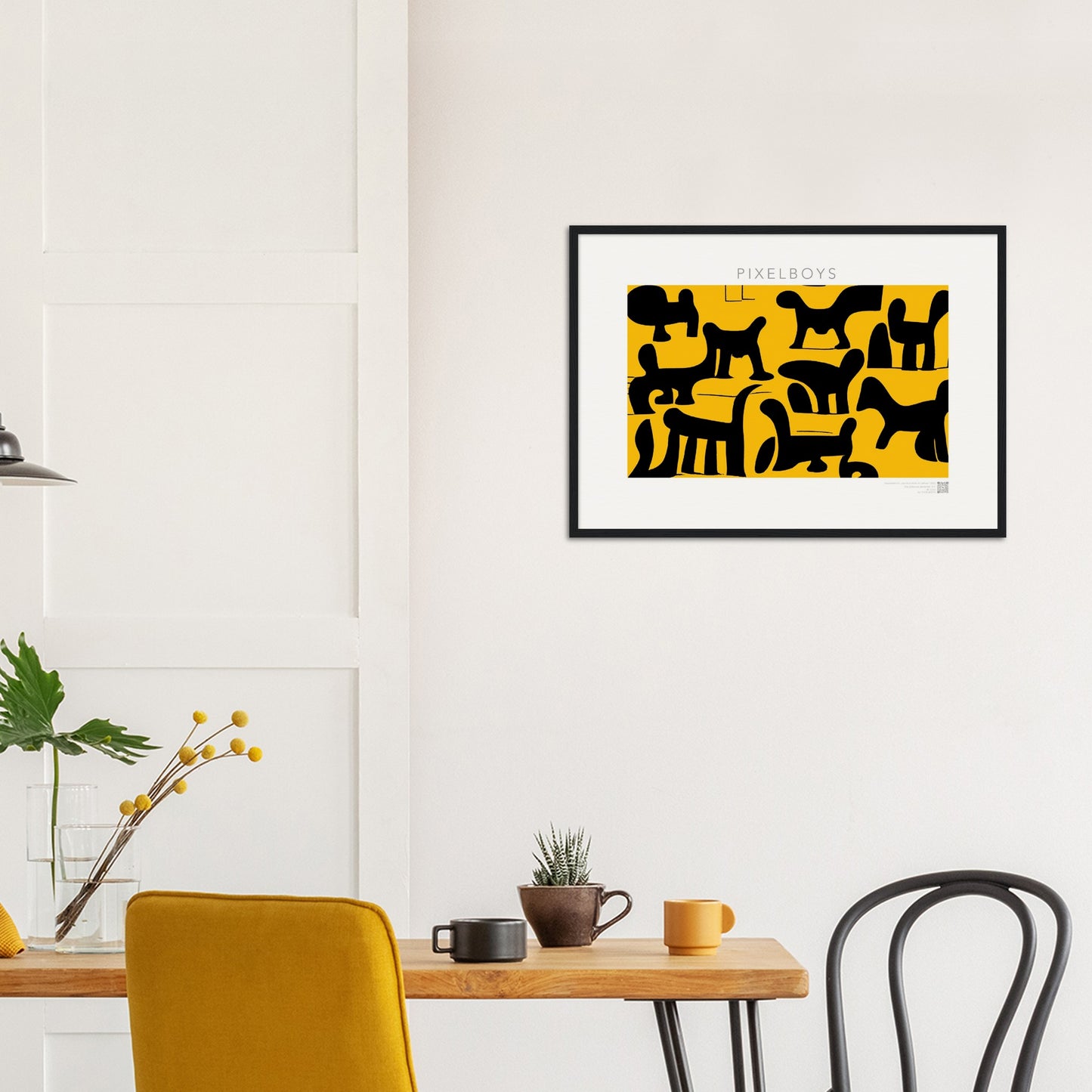 Poster mit Rahmen (Holz) - Doodlemania "weird animals on yellow" - No.3 - bedruckte Tasse-  gelb - Cup - Hunde - Katzen - Doodle Kunst - dogs - Cats - gastro - Poster mit Rahmen - doodle artwork - Acrylbild - Kunstdruck - Wandbild - office Poster - Poster with frame -  Künstler: Pixelboys & The Unknown Artist Nb.517 - keith haring - Gastro Art - anti stress art - Art Brand - Kunstdruck - Gastro Tasse - 