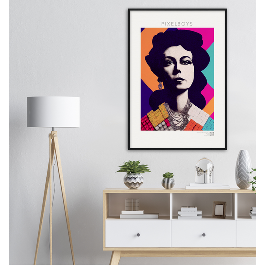 Poster mit Rahmen (Holz) - in Museumsqualität - The Queen No.3 - HRH in cubes - Kunstdruck - 250g/qm - Queen Elisabeth II - Monarch - HRH - His/Her Royal Highness - Groß Britannien - Commonwealth - The Royal Family - Wandbild - Kubismus - synthetischen Kubismus - Georges Braque - Künstler: "John Grayst" - Atelier - UK - GB - London - RIP 