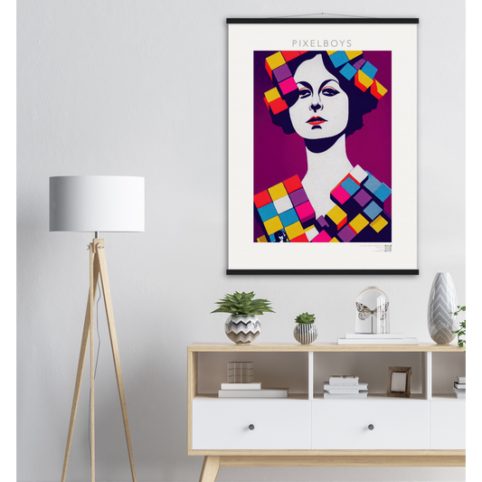 Poster mit Leisten (Holz) - The Queen No.2 - HRH in cubes - Kunstdruck - 250g/qm - Queen Elisabeth II - Monarch - HRH - His/Her Royal Highness - Groß Britannien - Commonwealth - The Royal Family - Wandbild - Kubismus - synthetischen Kubismus - Georges Braque - Künstler: "John Grayst" - Atelier - UK - GB - London - 