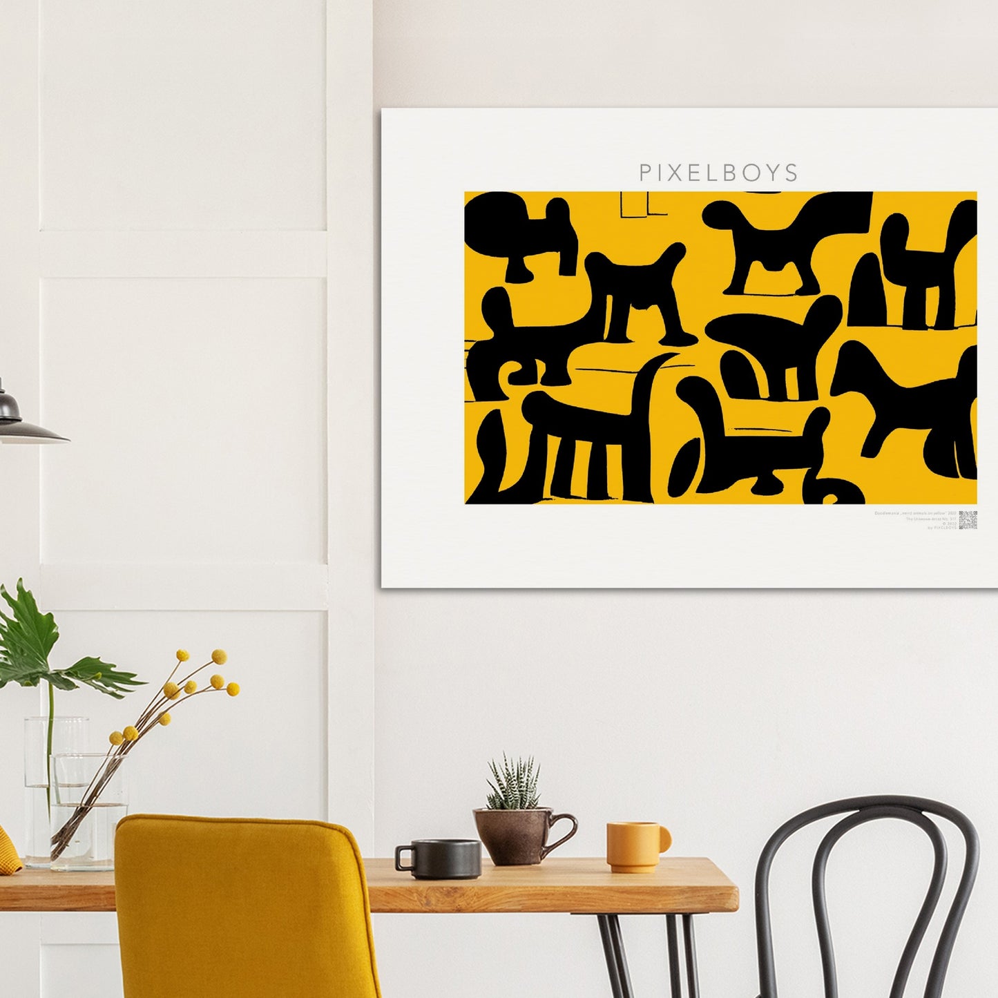 Poster in Museumsqualität - Doodlemania "weird animals on yellow" - No.3 - bedruckte Tasse-  gelb - Cup - Hunde - Katzen - Doodle Kunst - dogs - Cats - gastro - Poster mit Rahmen - doodle artwork - Acrylbild - Kunstdruck - Wandbild - office Poster - Poster with frame -  Künstler: Pixelboys & The Unknown Artist Nb.517 - keith haring - Gastro Art - anti stress art - Art Brand - Kunstdruck - Gastro Tasse - 