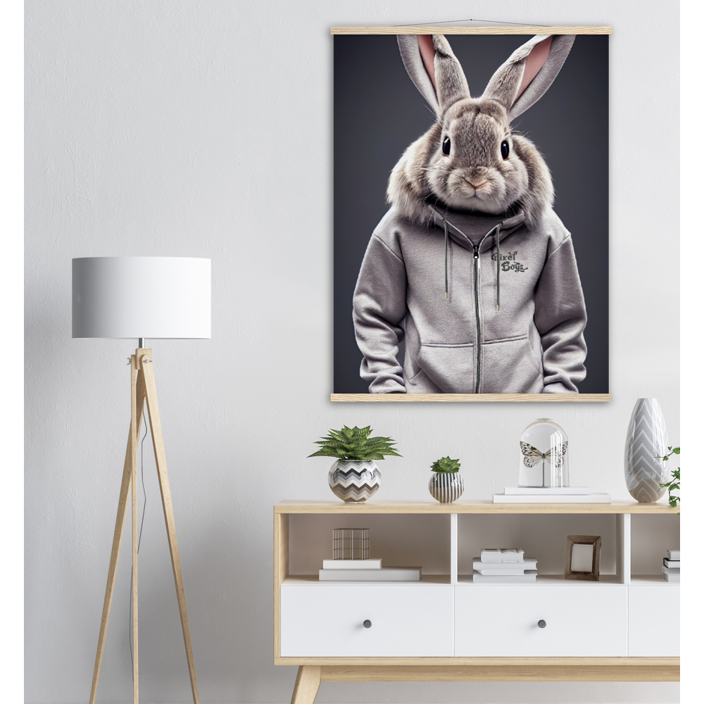 Poster mit Leisten (Holz) - Bunny in grey Tracksuit - "Titus" - Fashion Gang - Wandbild - Ostern - Geschenkidee - Osterhase - Bunny Crew: "Titus" - "Caesar" - "Constantin" - "Cleo" - Weisser Hase - Easter Bunny - Cute - grey tracksuit - sweats - Alice's Adventures in Wonderland - Modemarke - Pixelboys Brand - Constantin der Hase - Hase - Kaninchen  - Künstler: "Pixelboys" - Atelier - Germany - Berlin - Hamburg - Colgne - France - Paris - Italy - Rom - USA - America - New York City - Los Angeles - Chicago - 