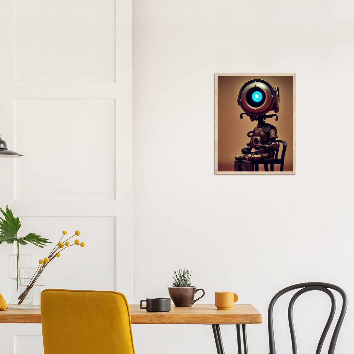 Poster mit Rahmen (Holz) - Museumsqualität -  Tiny robot with coffee - "Bobby" - Wandkunst - Papierdicke: 250g/qm - Customizable Coffee Cup - Personalized Gifts - Kunstdruck - Kleine Roboter - Acryldruck - Little Robots - Personalized Gifts - Tiny  - Steampunk - zukunft - Poster with frame - Kunstwerk - Office Poster - Poster mit Rahmen - Kaffee Tasse - Poster - Bedruckte Tassen - Kunst Marke - Art Brand - Wandbild - Kunstdrucke - Künstler: John Grayst & Pixelboys - emotional robots - Geschenkidee -