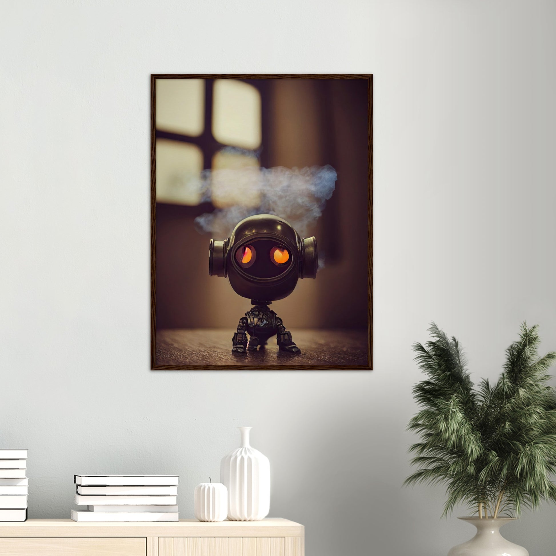 Poster mit Rahmen (Holz) - in Museumsqualität - Tiny robot - with smoke around his head - "Tiny Tim" - Wandbild - Customizable Coffee Cup - Personalized Gifts - Kunstdruck - Rauchender Roboter - Steampunk - Acryldruck - Smoking Robots - Personalized Gifts - Poster with frame - nr.5 lebt - zukunft - Kunstwerk - Office Poster - Poster mit Rahmen - Kaffee Tasse  - Bedruckte Tassen - Kunst Marke - Art Brand - Wandbild - Kunstdrucke - Künstler: John Grayst & Pixelboys - emotional robots - Geschenkidee -