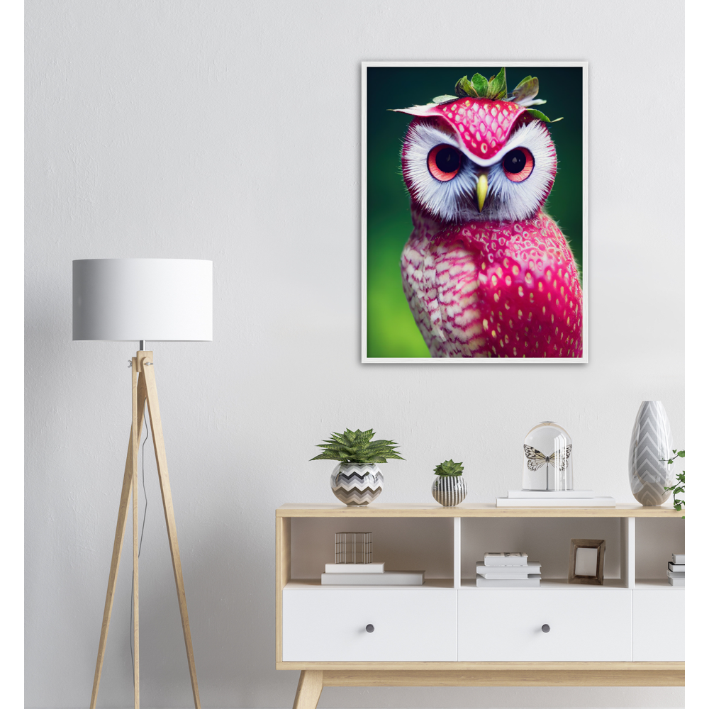 Poster in Rahmen (Holz) - Fruit Owl No. 2 - "Berry", the Strawberry Owl - Serie Fruit Owls - Wandkunst - Kunstdruck - (fiktiv: lat.  Pulsatrix Fragaria) - Erdbeere - Schleiereulen - Fruchteulen - Vogel - Bird - Strigiformes - Noctua - Ornithologie - Kunstwerk  - Office Poster - Poster mit Rahmen - Kaffee Tasse - Poster mit Leisten - Bedruckte Tassen - Kunst Marke - Art Brand - Acrylbild - Wandbild - Kunstdrucke - Papier: 250g/qm - Künstler: John Grayst & Pixelboys - Eulen - Owl - Geschenkidee - 