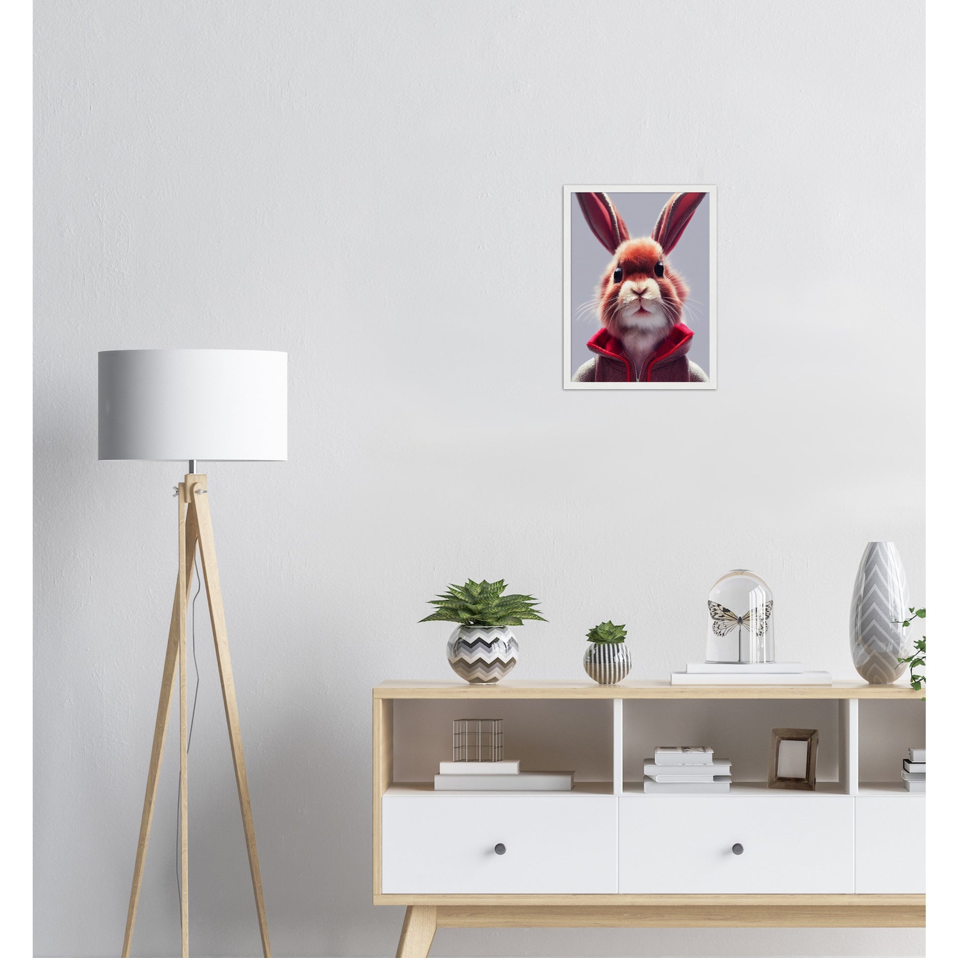 Poster mit Rahmen (Holz)- Museumsqualität - Bunny in grey red tracksuit - "Julius" - personalized mug - customized mug - Cute rabbit - Marke:- Pixelboys - Brand - Art Prints - Marke - Wandkunst - Papierstärke: 250g/qm - Wall Art - Bunny crey - Skater Betty - Hasen Gang - Original - Künstler:Pixelboys - Poster with frame - Office Poster - Trend - Wandschmuck - Atelier USA - 