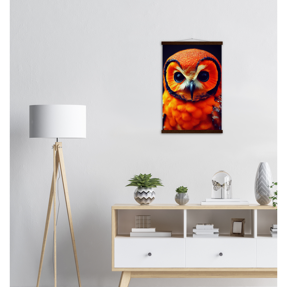 Poster mit Leisten (Holz) - Fruit Owl No. 1 - "Orangina", the orange owl - Serie Fruit Owls - Schleiereulen - lat. Tytonidae - Fruchteulen - Vogel - Bird - Strigiformes - Noctua - Ornithologie - Kunstwerk - Acryldruck - Poster mit Rahmen - Poster mit Leisten - Bedruckte Tassen - Kunst Marke - Art Brand - Pixelboys - Kunstdruck - Acrylbild - Wandbild - Kunstdrucke - Papier: 250g/qm - Künstler: John Grayst & Pixelboys - Eulen - Owl-  - Atelier - England - London - Birmingham - Manchester - Leeds - Liverpool  