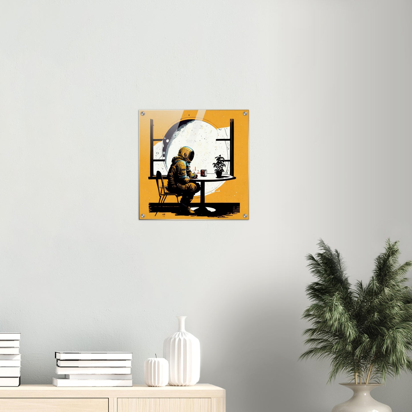  Acrylbild auf Glas-  in Museumsqualität - The waiting Astronaut - Michael - Illustration - Astronaut - Waiting - Posterleisten - USA - Fineart - Posterrahmen  - Wandkunst - Holzrahmen - Poster with frame - people of color - artwork - art brand - printed cup personalized - Holzleisten - pixelboys - Kunstdrucke - wandbilder - wall art - Kunst auf Tassen  - Office Poster - Gastrotassen - Wanddekoration - Acrylkunst - Geschenkidee - Office Poster - Acryldruck - Abstrakte Kunst -