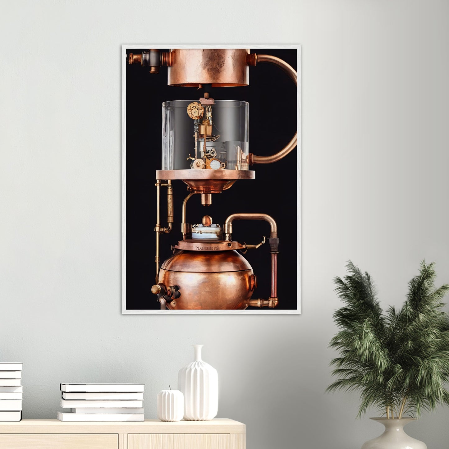 Poster mit Rahmen (Holz) - Steampunk - Coffee Maker - No.6 - Collection Cup - Pixelboys - Wandbild - Kunstwerk - Hotelkunst - Kunst auf Postern - Fine Art - Steampunk - Future - Maschine - Poster with frame - Office Poster - Art Brand - Pixelboys - Coffee House - Restaurant Poster - Wall Art - Kunstdruck - Geschenkidee - Kunst auf Acrylglas - Future Coffee Cup - Personalisierbare Tasse - Gastro Tasse - exklusiv - Acryldruck - Gastronomie Poster - Hotelposter - Teestube - Steam Punk Kitchen -   