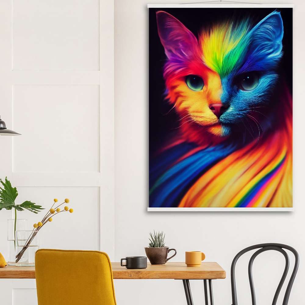 Poster Set mit Leisten aus Holz - Farbenfrohe Regenbogen Katze "Kitty" - Pride Bewegung Maskottchen -