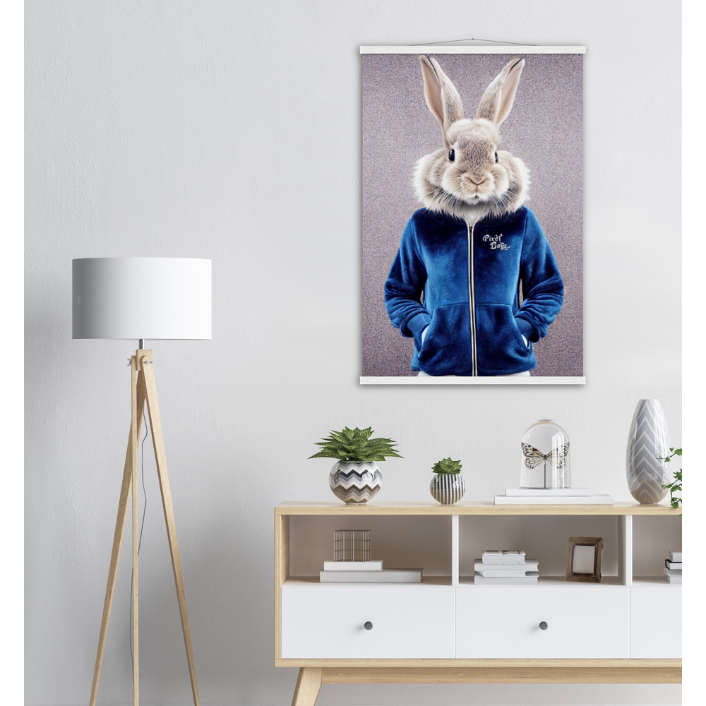 Poster mit Leisten (Holz) - Bunny in blue Tracksuit - "Caesar" - Gang - Wandbild - Ostern - Geschenkidee - Osterhase - Bunny Crew: "Caesar" - "Constantin" - "Titus" - "Cleo" - Weisser Hase - Easter Bunny - Cute - blue Tracksuit - sweats - Gang - Modemarke -Pixelboys Brand - Caesar der Hase - Meister Lampe - Hase - Kaninchen - Karnickel - Stallhase - Künstler: "Pixelboys" - Atelier - Germany - Berlin - Hamburg - Colgne - France - Paris - Italy - Rom - USA - America - New York City - Los Angeles - Chicago - 