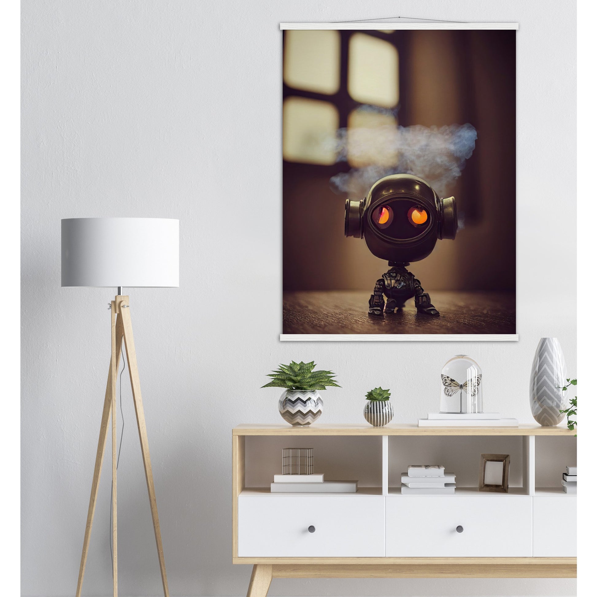 Poster mit Leisten (Holz) in Museumsqualität - Tiny robot - with smoke around his head - "Tiny Tim" - Wandbild - Customizable Coffee Cup - Personalized Gifts - Kunstdruck - Rauchender Roboter - Steampunk - Acryldruck - Smoking Robots - Personalized Gifts - Poster with frame - Wall Art - - zukunft - Kunstwerk - Office Poster - Poster mit Rahmen - Kaffee Tasse  - Bedruckte Tassen - Kunst Marke - Art Brand - Wandbild - Kunstdrucke - Künstler: John Grayst & Pixelboys - emotional robots - Geschenkidee 