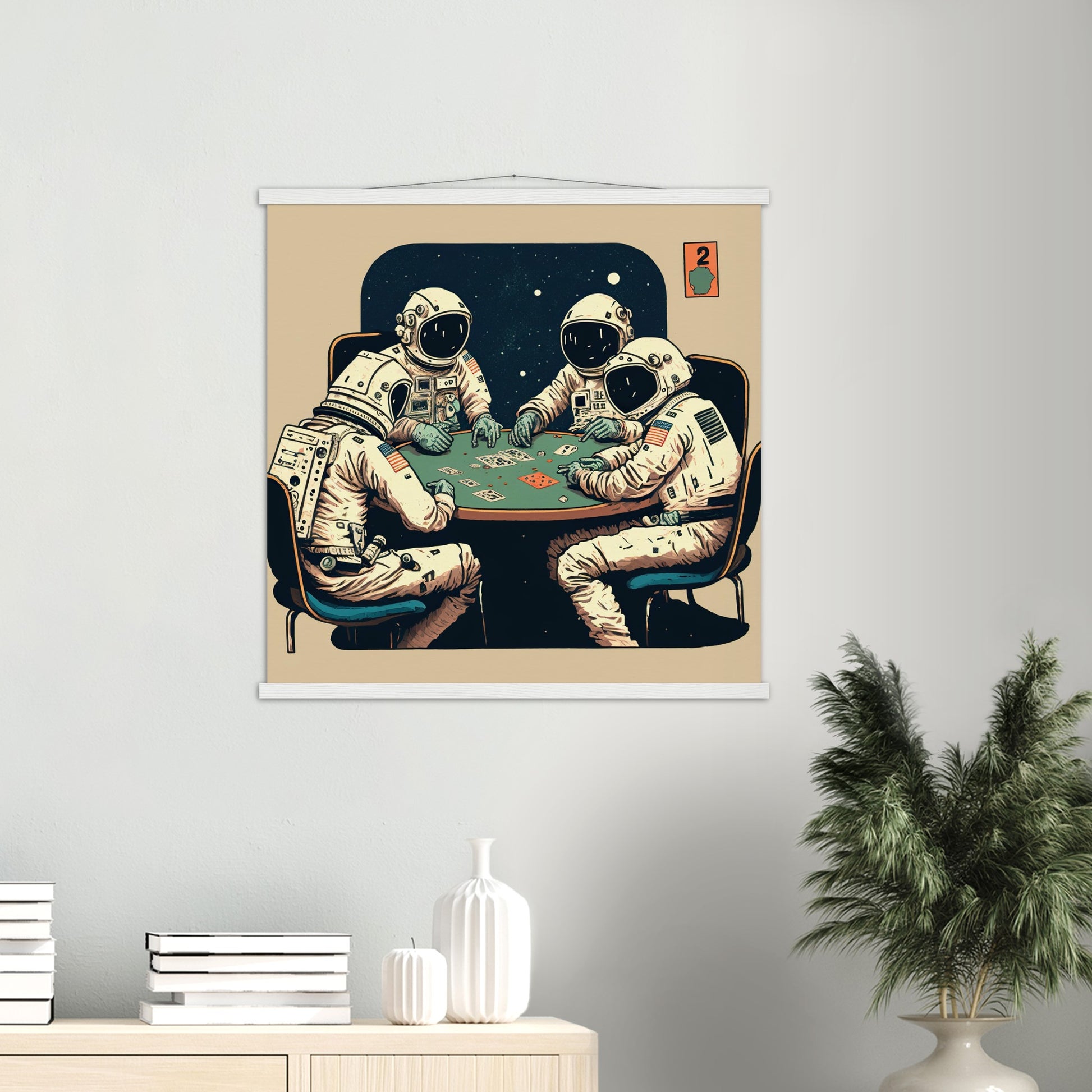 Poster mit Leisten (Holz) in Museumsqualität - Gambling Astronauts - Illustration - Astronaut - Poker - Rocketman - Posterleisten - USA - Fineart - Posterrahmen  - Wandkunst - Holzrahmen - Poster with frame - artwork - art brand - printed cup personalized - Holzleisten - pixelboys - Kunstdrucke - wandbilder - wall art - Kunst auf Tassen  - Office Poster - Gastrotassen - Wanddekoration - Acrylkunst - Geschenkidee - Office Poster - Acryldruck - Abstrakte Kunst -